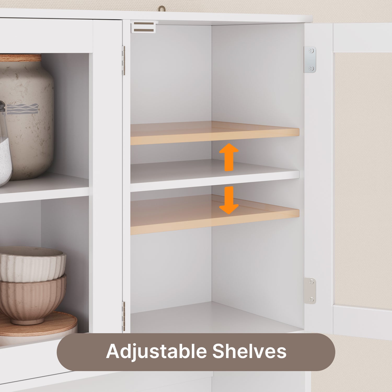 Bealife AP121 Meuble de cuisine avec station de charge et éclairage LED à couleur réglable, Vitrine haute avec étagères réglables