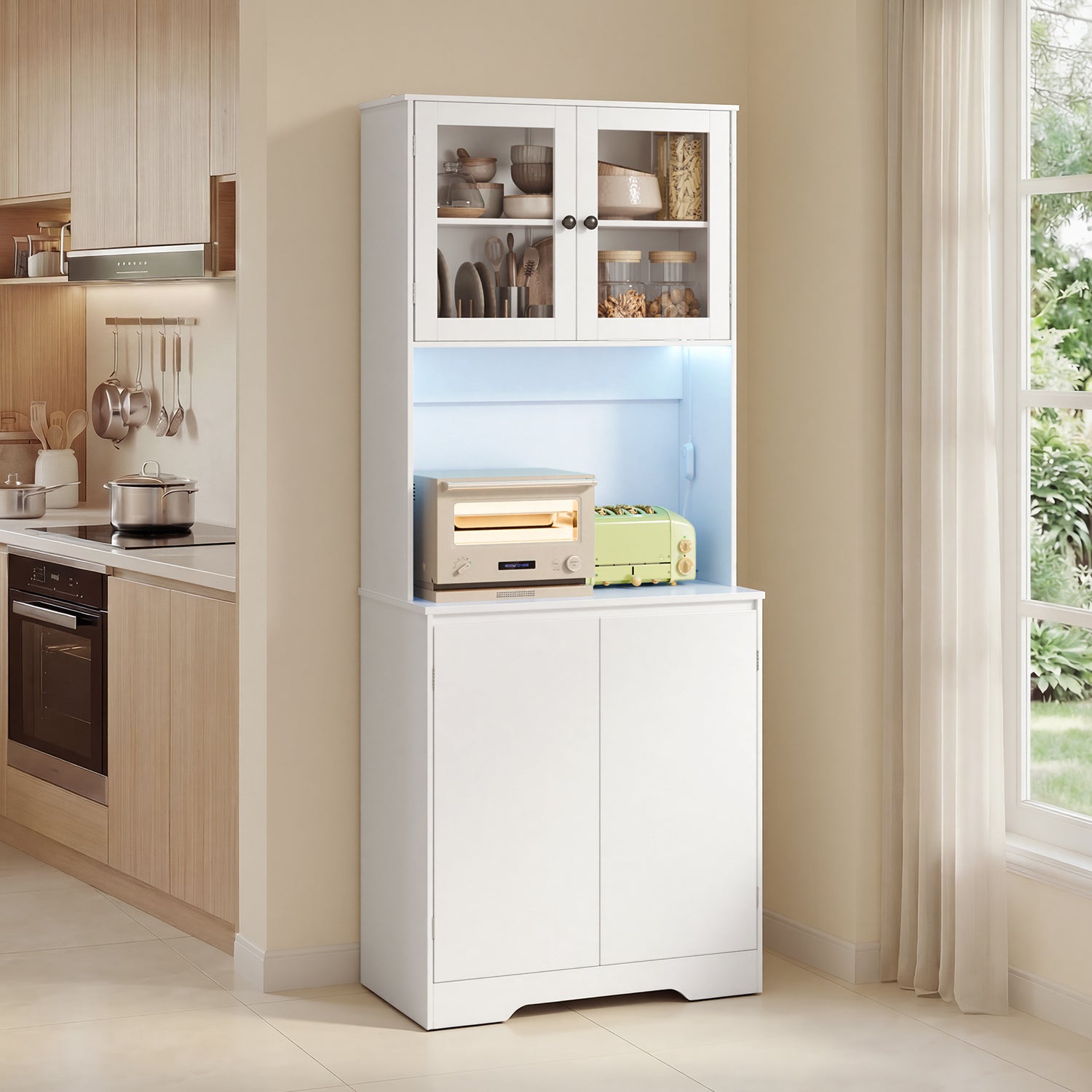 Bealife AP122 Meuble haut de cuisine - 69,5×28×180 cm, avec éclairage LED couleur réglable et station de charge intégrée, étagères réglables