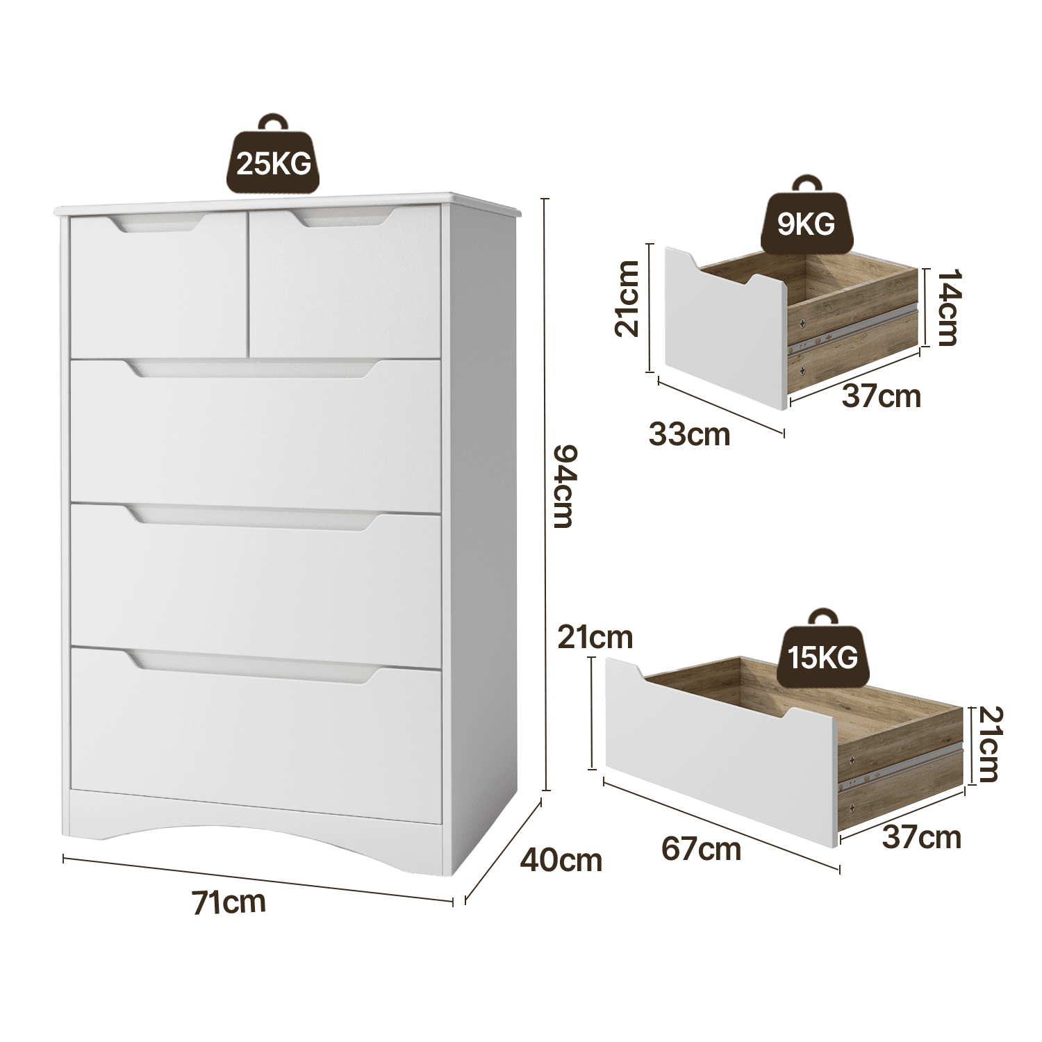 Bealife AP23 Commode avec 2 petits et 3 grands tiroirs, étanche pour chambre, salle de bain et entrée