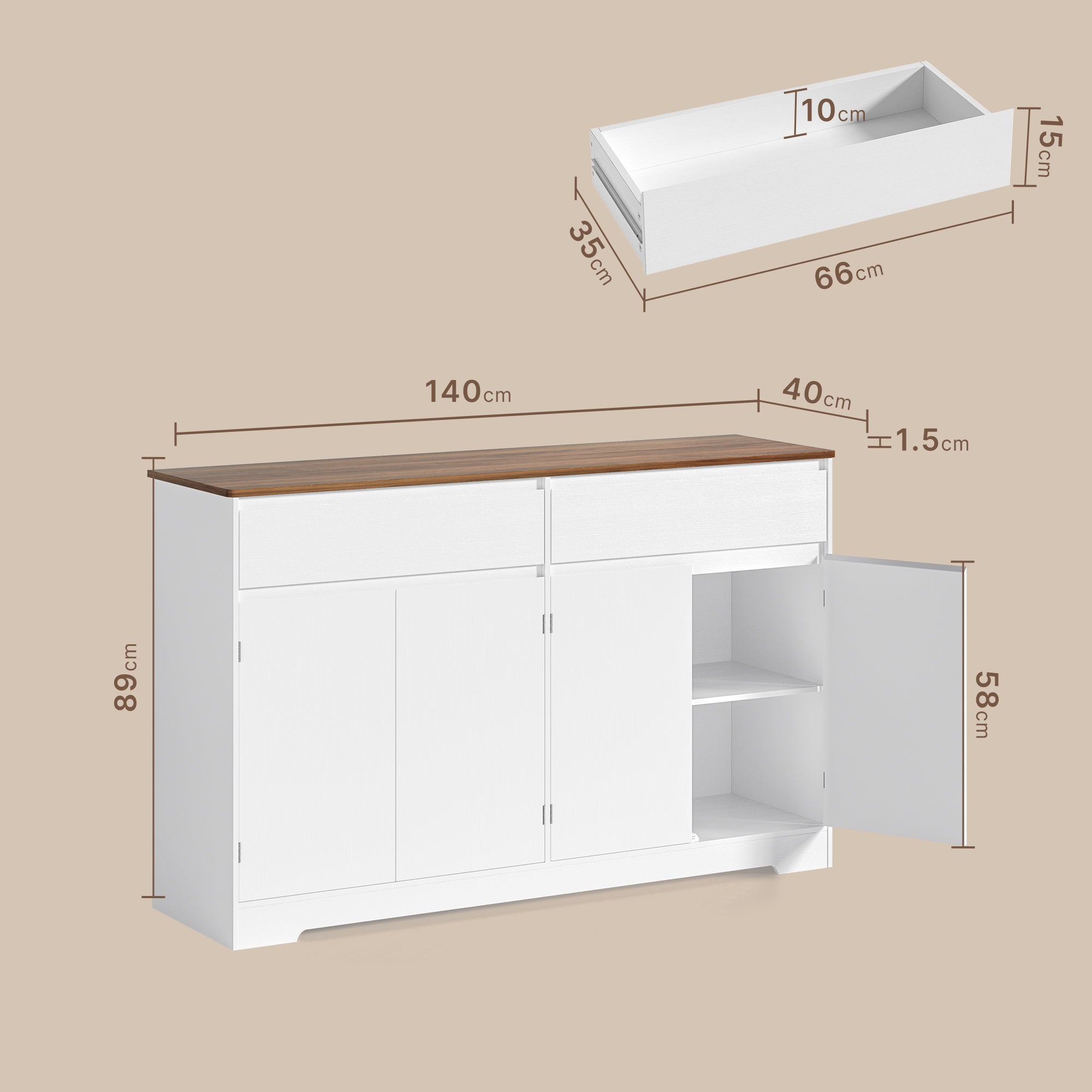 Bealife AP55 Buffet de cuisine avec 2 tiroirs et 4 portes, 140×40×89 cm, buffets de style rétro avec dispositif anti-basculement