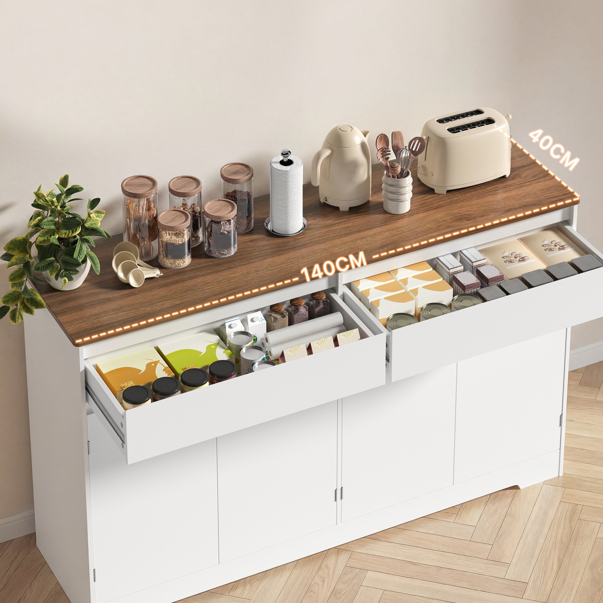 Bealife AP55 Buffet de cuisine avec 2 tiroirs et 4 portes, 140×40×89 cm, buffets de style rétro avec dispositif anti-basculement