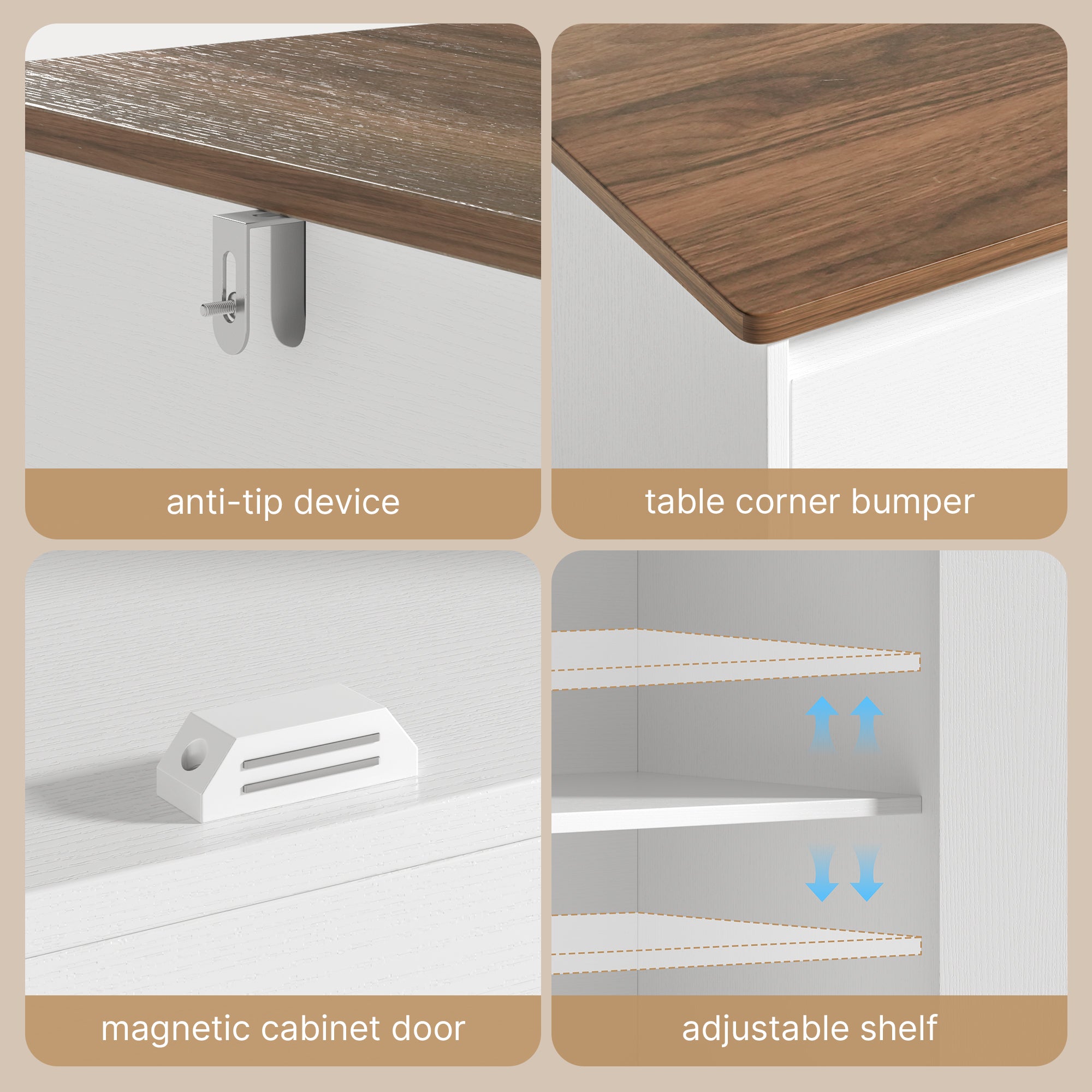 Bealife AP55 Buffet de cuisine avec 2 tiroirs et 4 portes, 140×40×89 cm, buffets de style rétro avec dispositif anti-basculement
