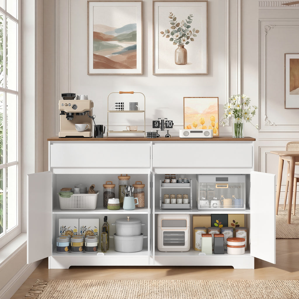 Bealife AP55 Buffet de cuisine avec 2 tiroirs et 4 portes, 140×40×89 cm, buffets de style rétro avec dispositif anti-basculement