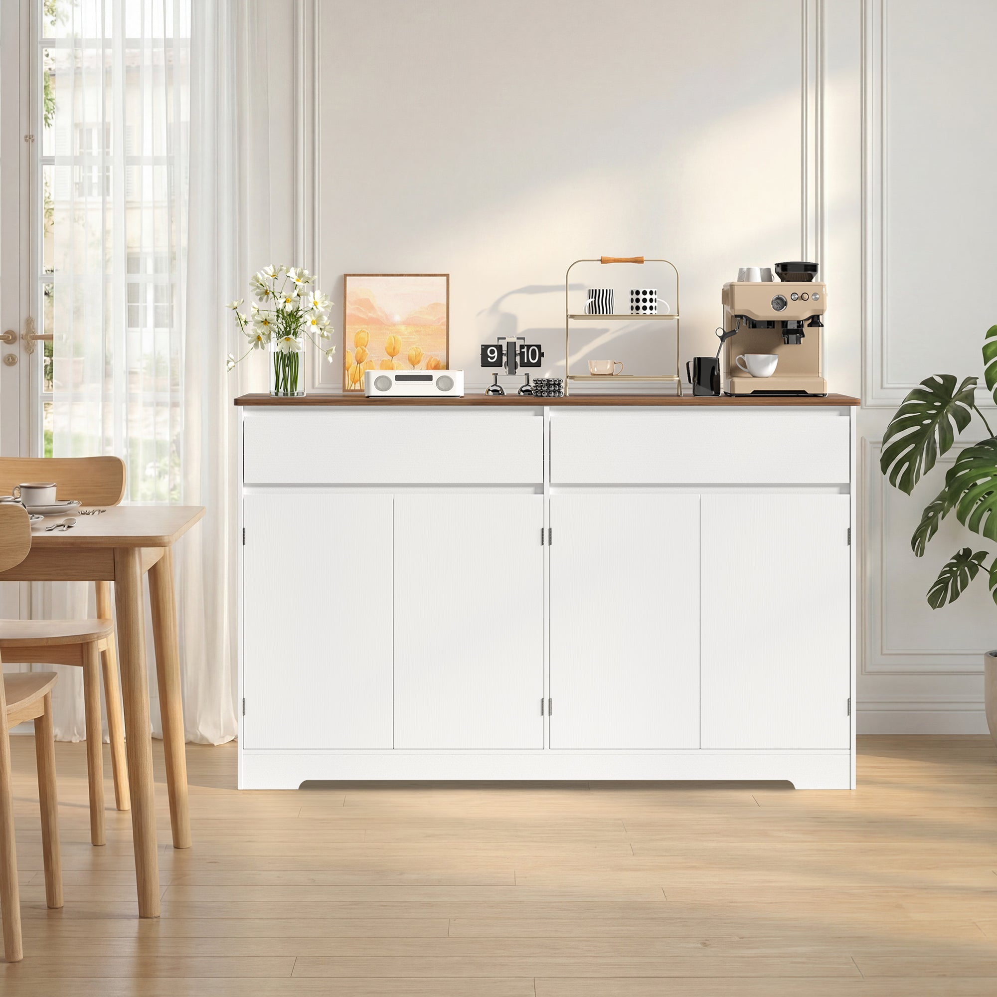 Bealife AP55 Buffet de cuisine avec 2 tiroirs et 4 portes, 140×40×89 cm, buffets de style rétro avec dispositif anti-basculement