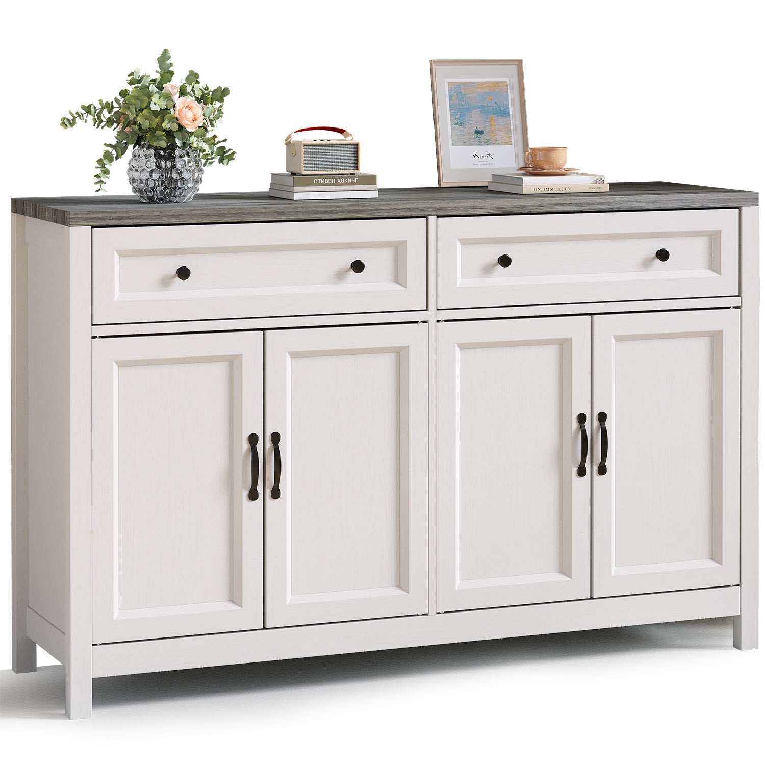 Bealife AP59 Buffet de cuisine avec 2 tiroirs et 4 portes, 140×40×90 cm, Bahut de style rétro avec dispositif anti-basculement
