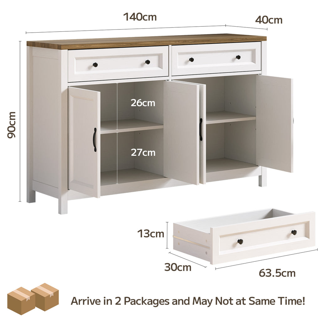 Bealife AP59 Buffet de cuisine avec 2 tiroirs et 4 portes, 140×40×90 cm, Bahut de style rétro avec dispositif anti-basculement