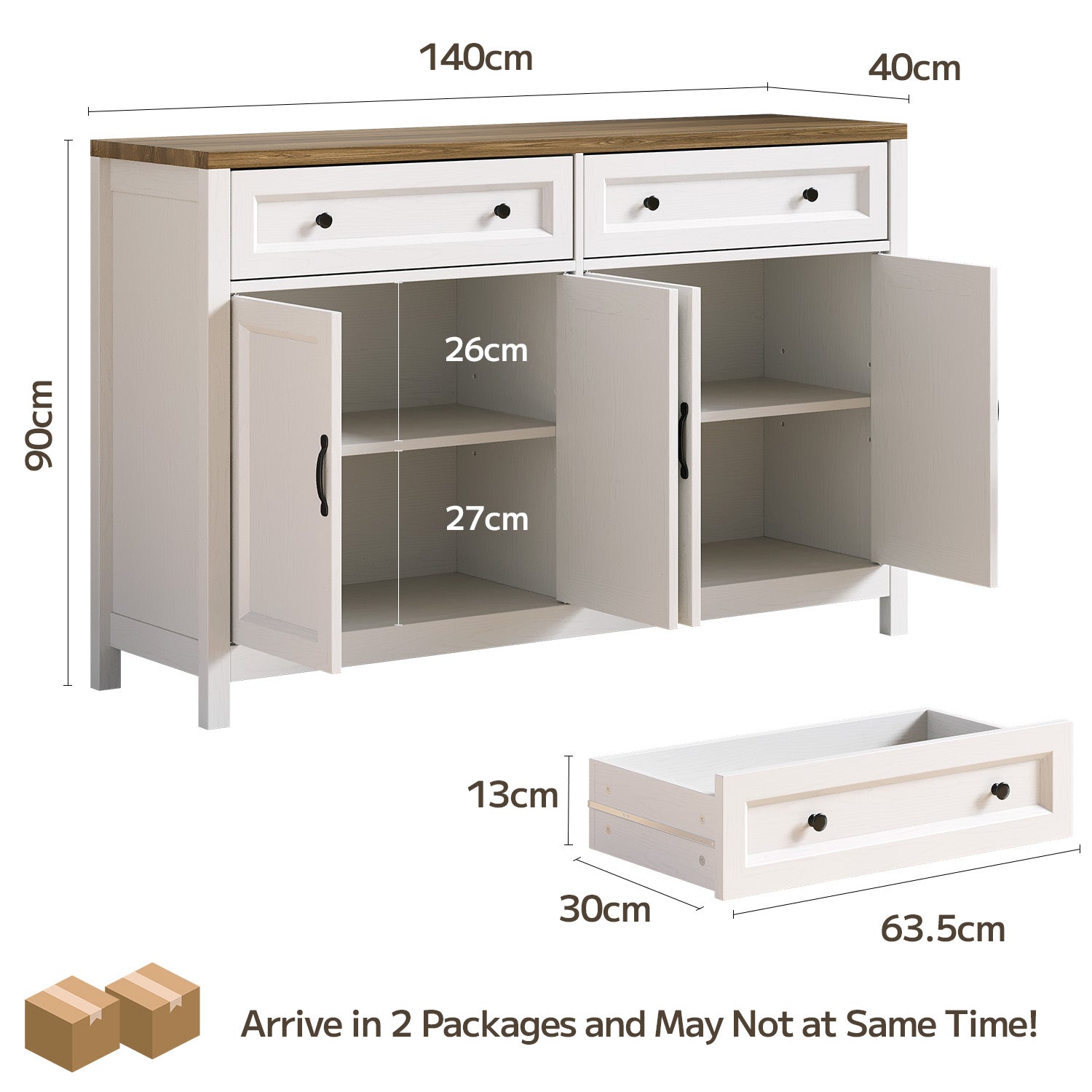 Bealife AP59 Buffet de cuisine avec 2 tiroirs et 4 portes, 140×40×90 cm, Bahut de style rétro avec dispositif anti-basculement