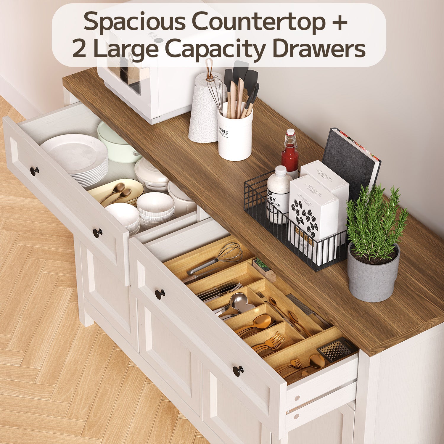 Bealife AP59 Buffet de cuisine avec 2 tiroirs et 4 portes, 140×40×90 cm, Bahut de style rétro avec dispositif anti-basculement
