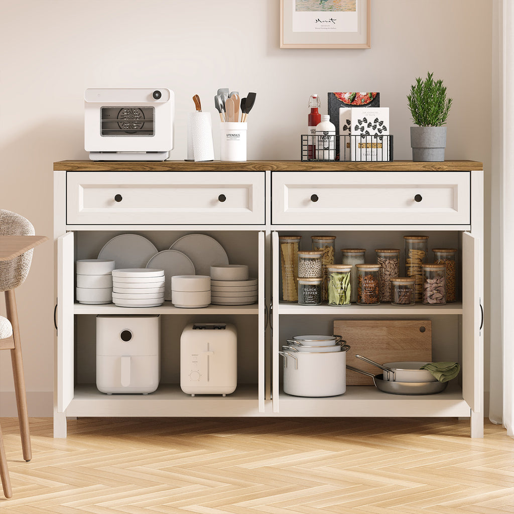 Bealife AP59 Buffet de cuisine avec 2 tiroirs et 4 portes, 140×40×90 cm, Bahut de style rétro avec dispositif anti-basculement