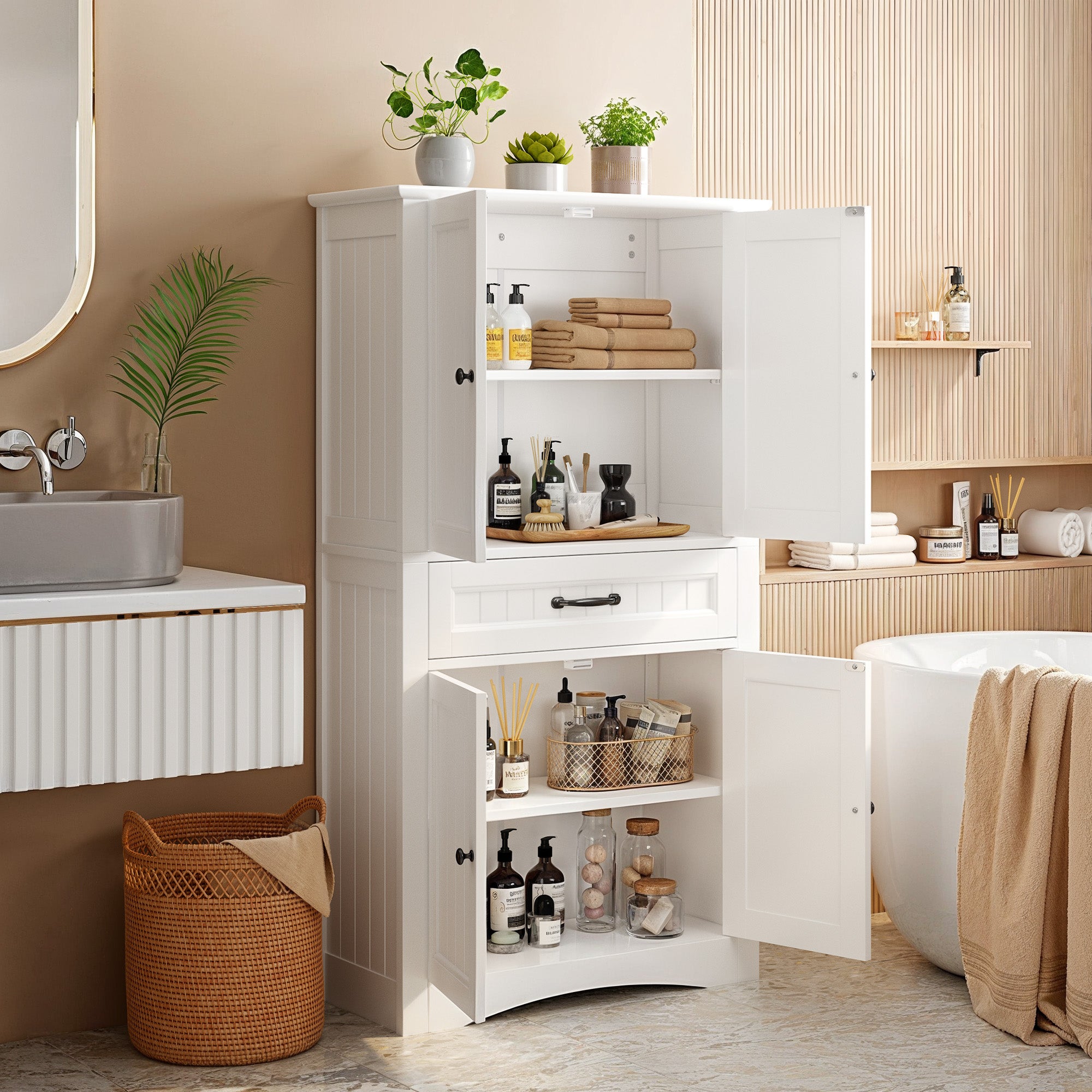 Bealife AP68 Colonne de salle de bain 73×31×132 cm, avec 4 portes, 1 tiroir et étagères réglables