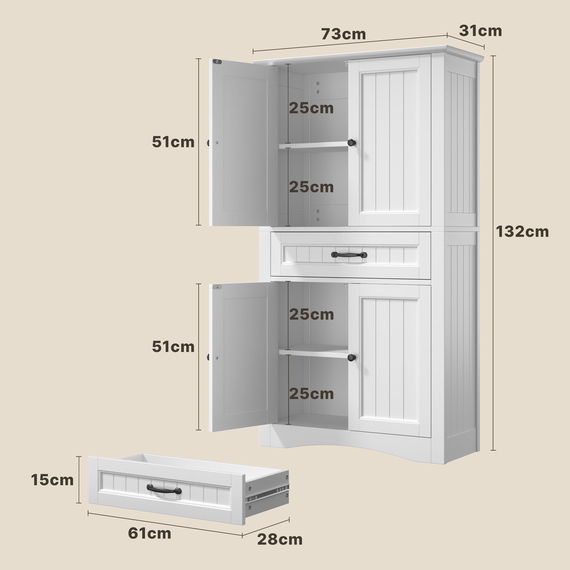 Bealife AP68 Colonne de salle de bain 73×31×132 cm, avec 4 portes, 1 tiroir et étagères réglables