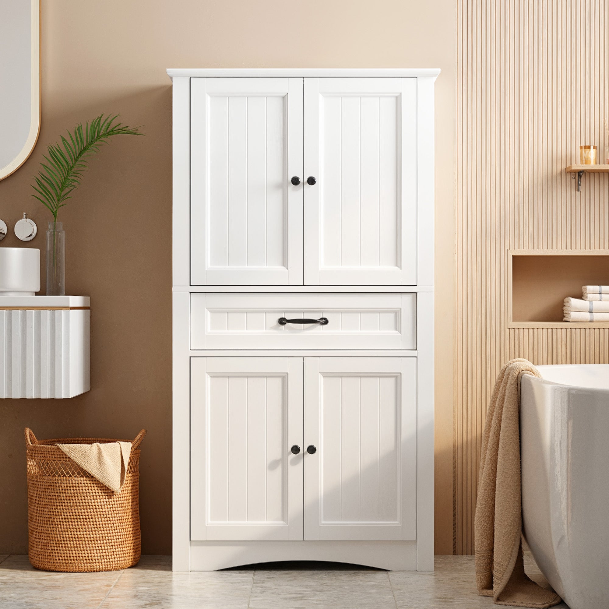 Bealife AP68 Colonne de salle de bain 73×31×132 cm, avec 4 portes, 1 tiroir et étagères réglables