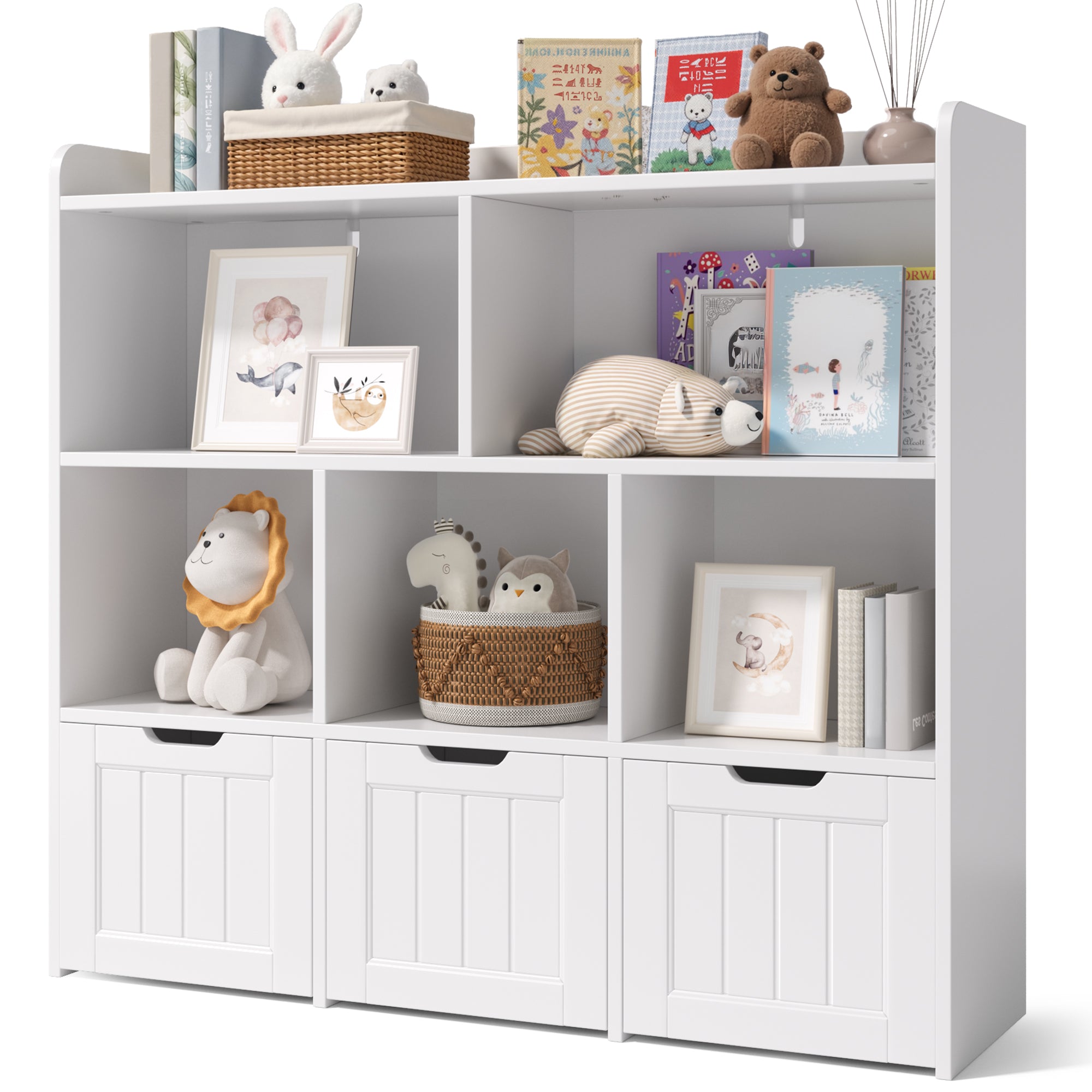 Bealife AP81 Meuble de rangement pour jouets et livres d'enfants, avec compartiments ouverts et tiroirs coulissants à roulettes