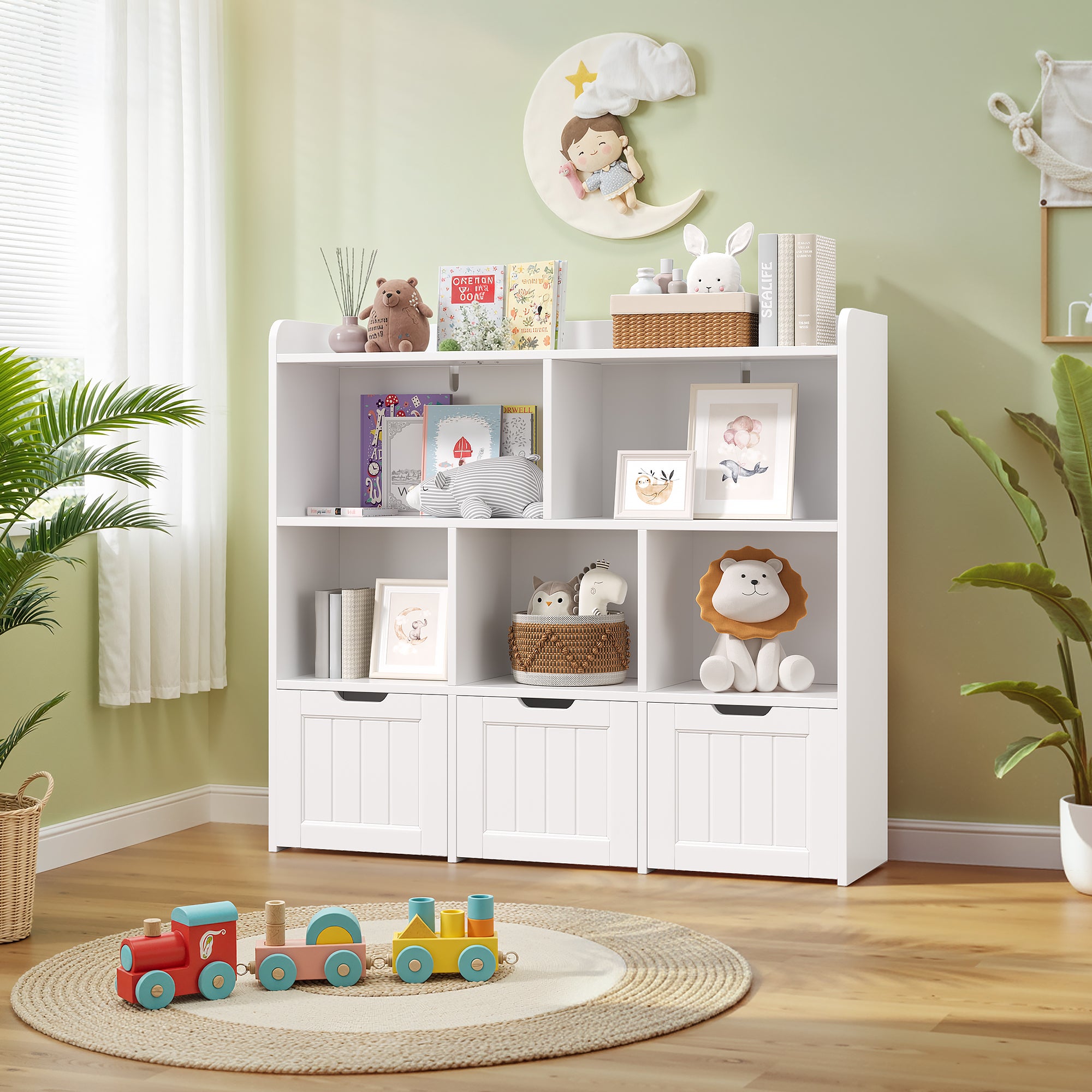 Bealife AP81 Meuble de rangement pour jouets et livres d'enfants, avec compartiments ouverts et tiroirs coulissants à roulettes