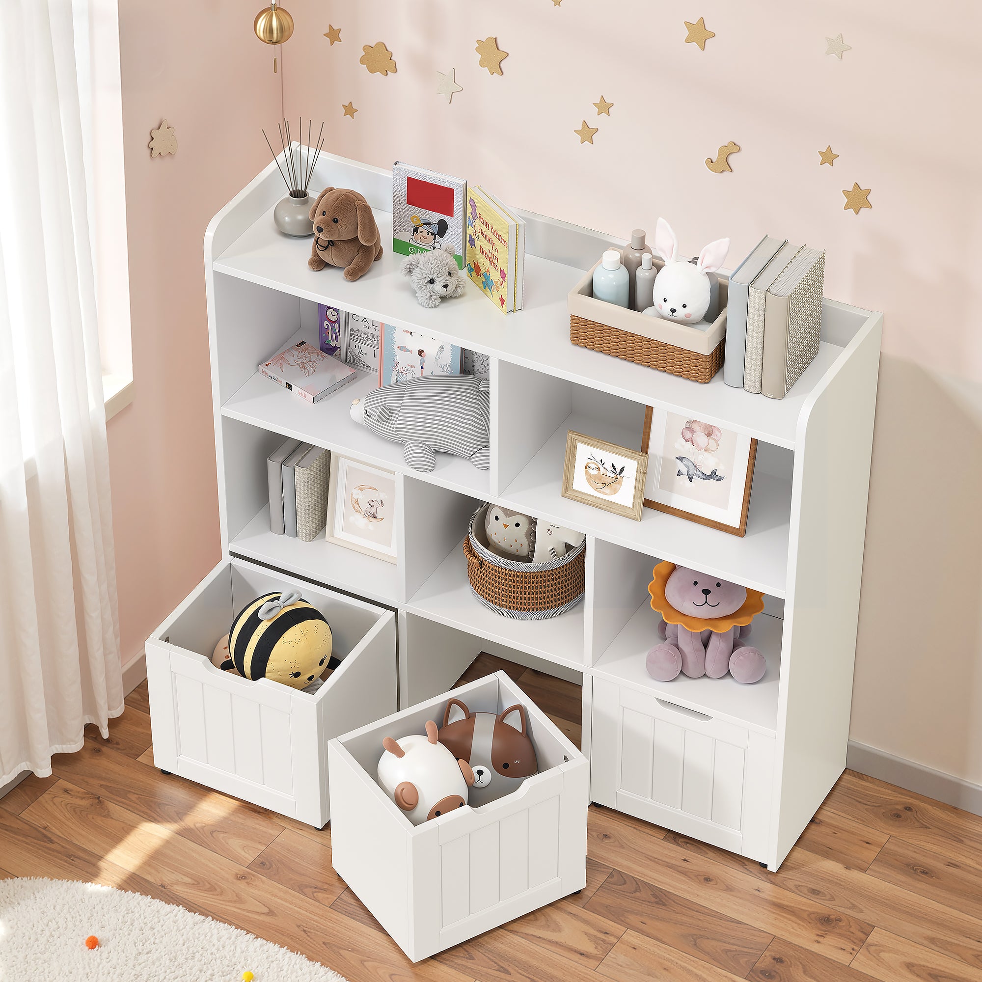 Bealife AP81 Meuble de rangement pour jouets et livres d'enfants, avec compartiments ouverts et tiroirs coulissants à roulettes
