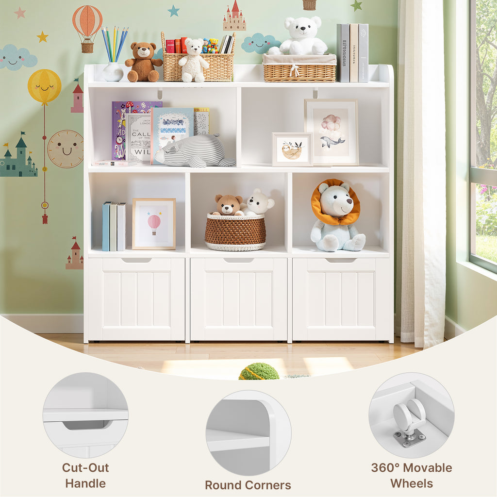 Bealife AP81 Meuble de rangement pour jouets et livres d'enfants, avec compartiments ouverts et tiroirs coulissants à roulettes