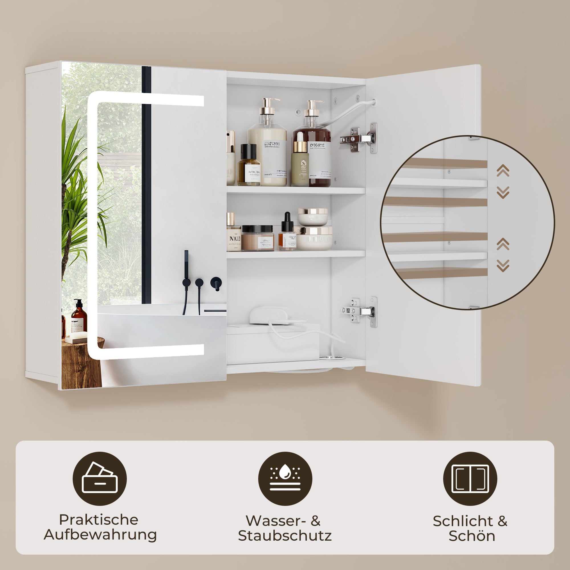 Bealife AP84 Armoire de toilette à LED avec éclairage, 70 cm, armoires de salle de bain avec 3 couleurs de lumière et fonction de gradation