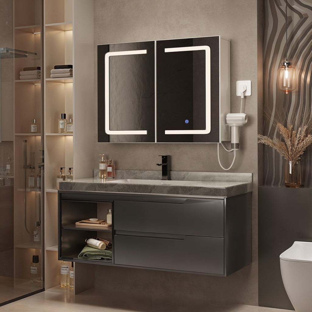 Bealife AP85 Armoire de Toilette LED avec Éclairage, Armoire de Salle de Bain de 80 cm avec 3 Couleurs de Lumière et Fonction de Gradation