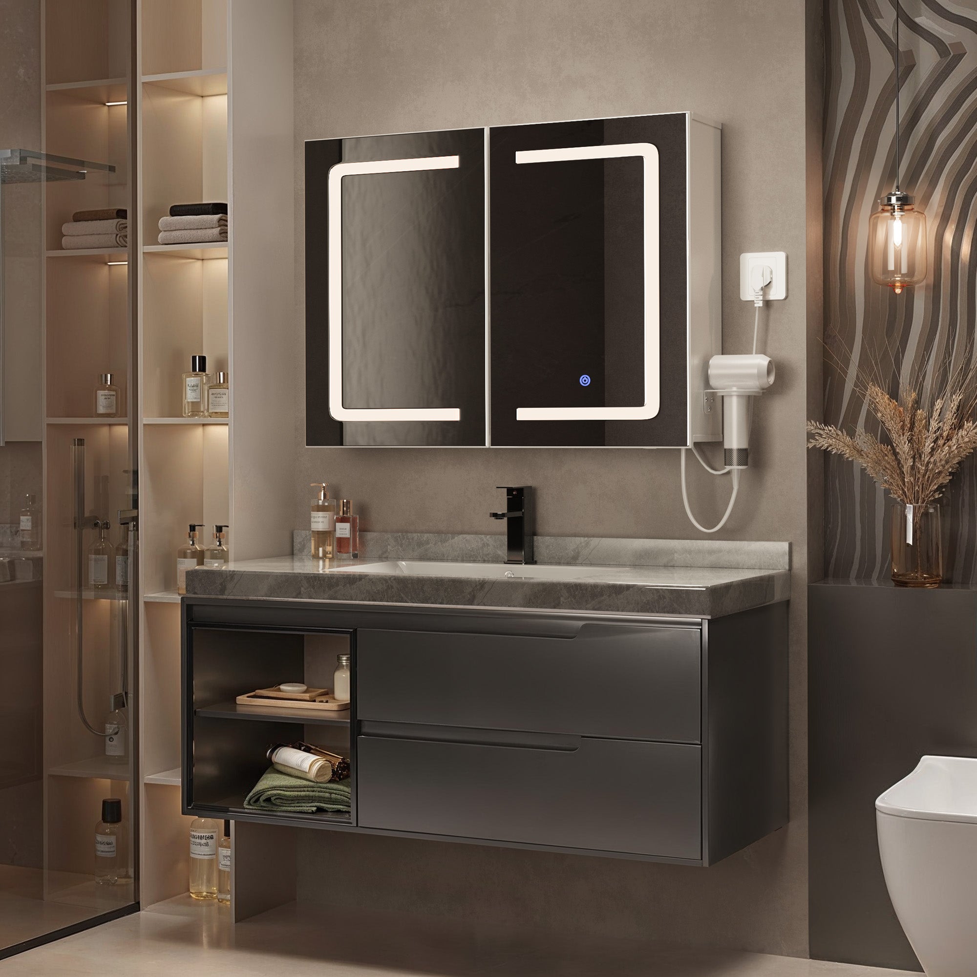 Bealife AP85 Armoire de Toilette LED avec Éclairage, Armoire de Salle de Bain de 80 cm avec 3 Couleurs de Lumière et Fonction de Gradation