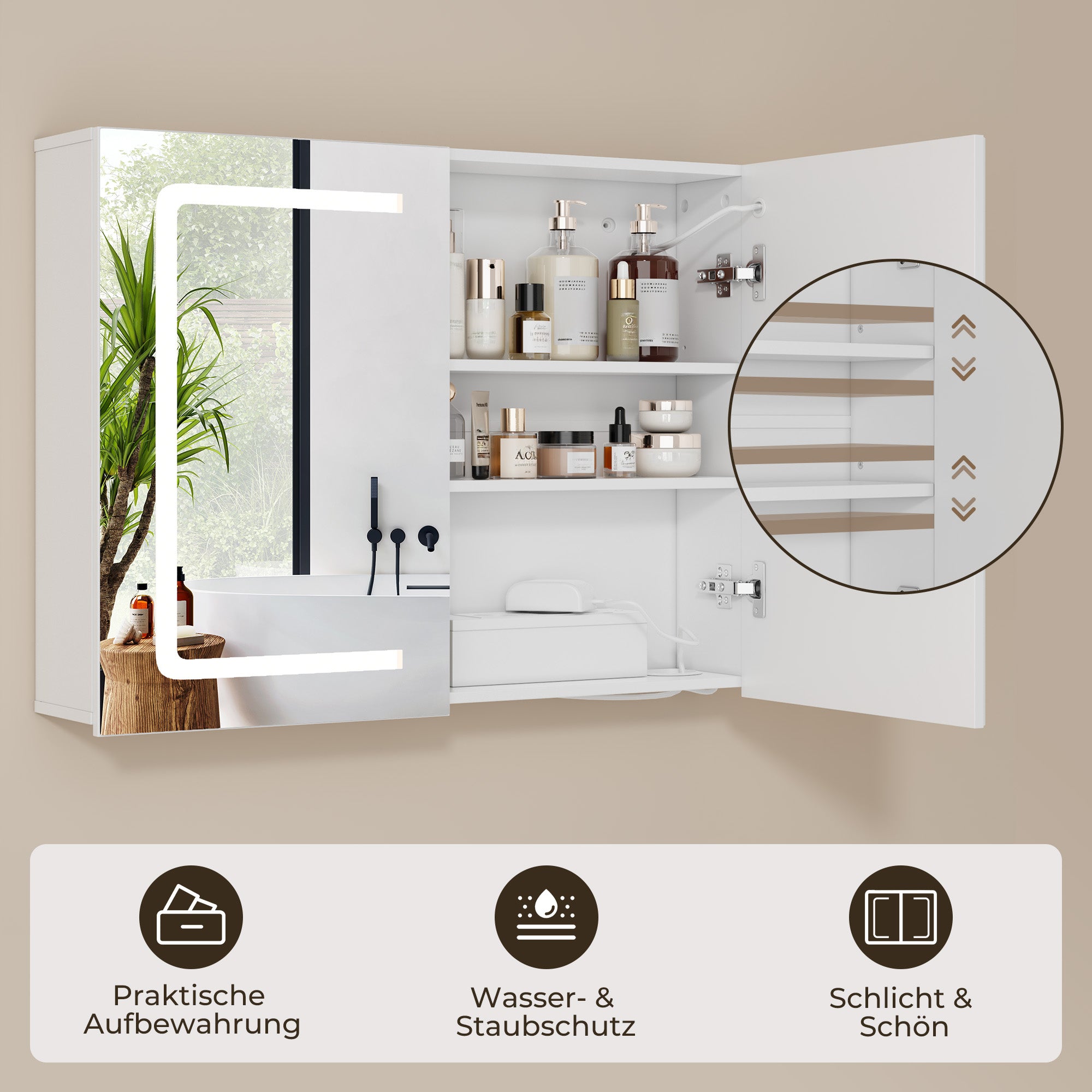 Bealife AP85 Armoire de Toilette LED avec Éclairage, Armoire de Salle de Bain de 80 cm avec 3 Couleurs de Lumière et Fonction de Gradation