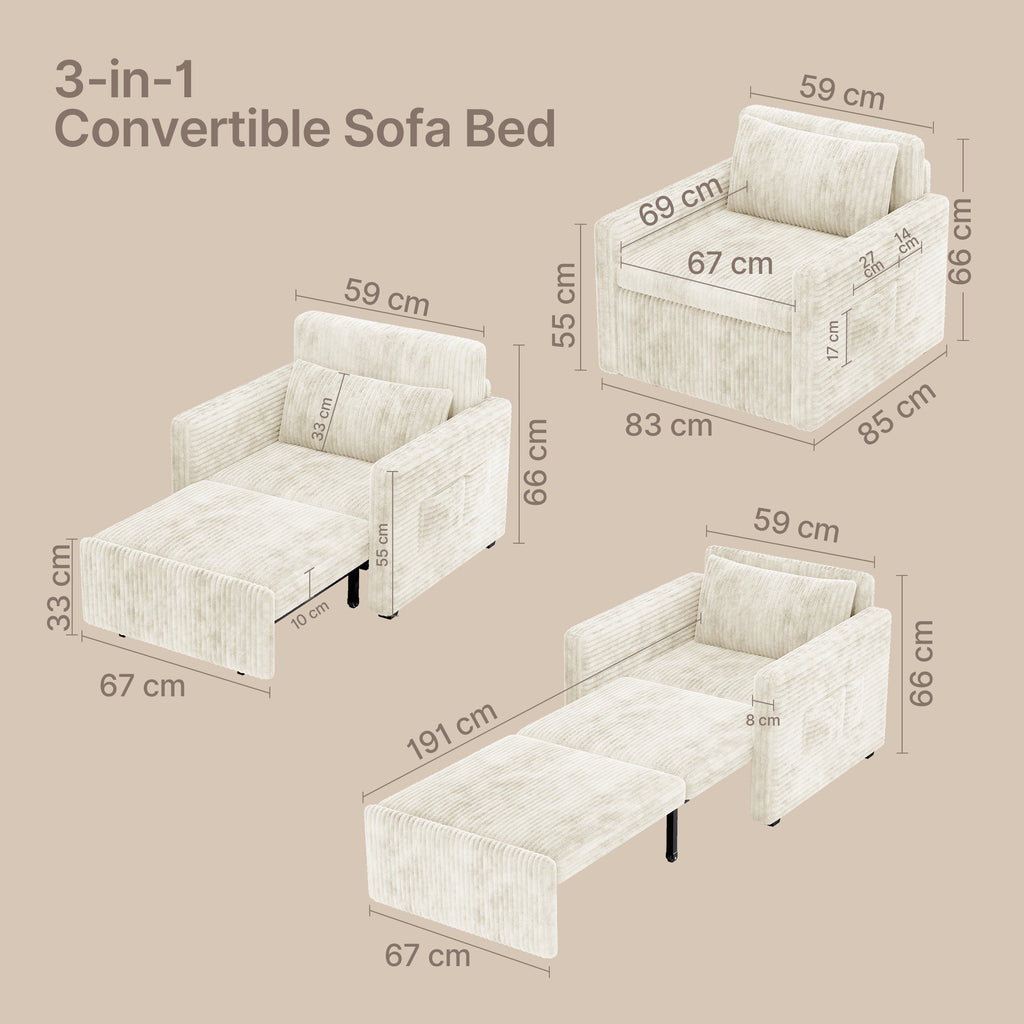 Canapé convertible Bealife AR14, canapé-lit 3-en-1 en velours côtelé avec dossier convertible pour petits salons, bureaux et chambres d'amis