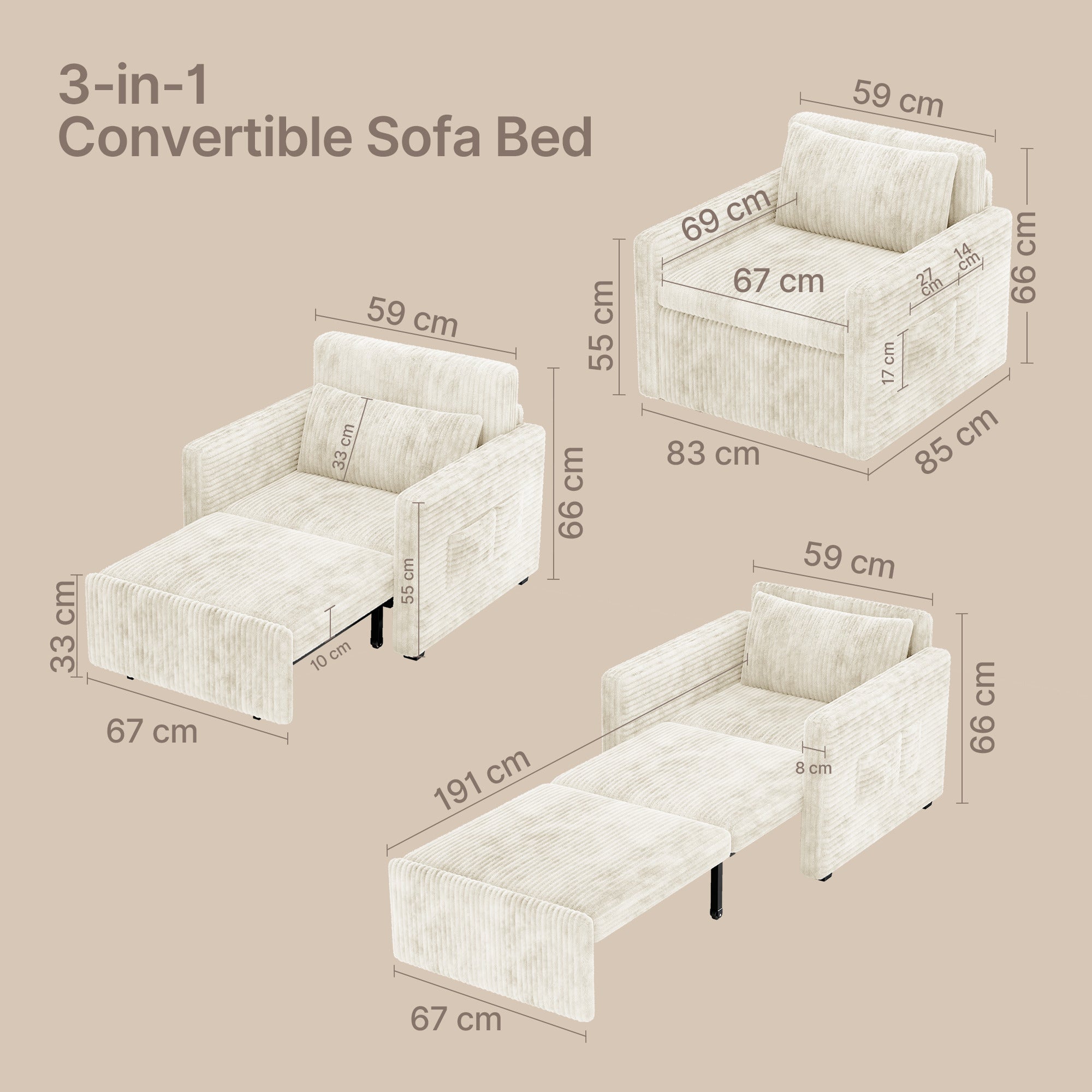Canapé convertible Bealife AR14, canapé-lit 3-en-1 en velours côtelé avec dossier convertible pour petits salons, bureaux et chambres d'amis