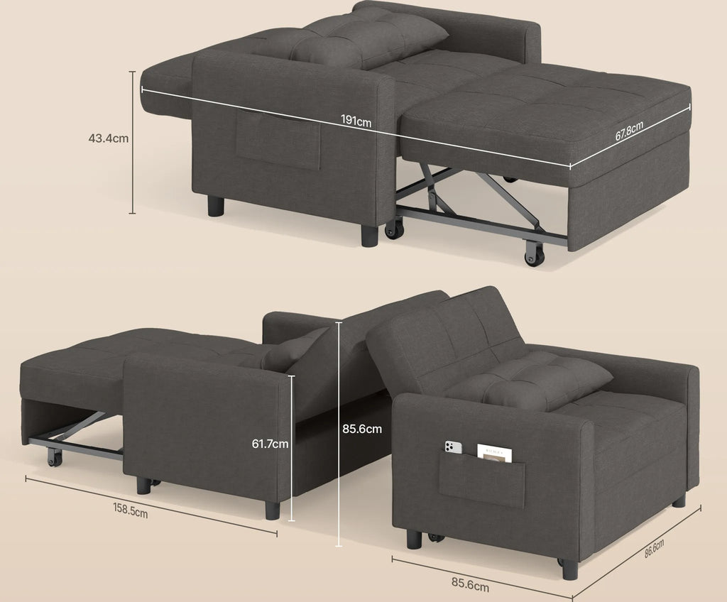 Canapé-lit extensible Bealife AR22 avec roulettes et oreillers - 191×68×44 cm, canapé convertible 3-en-1