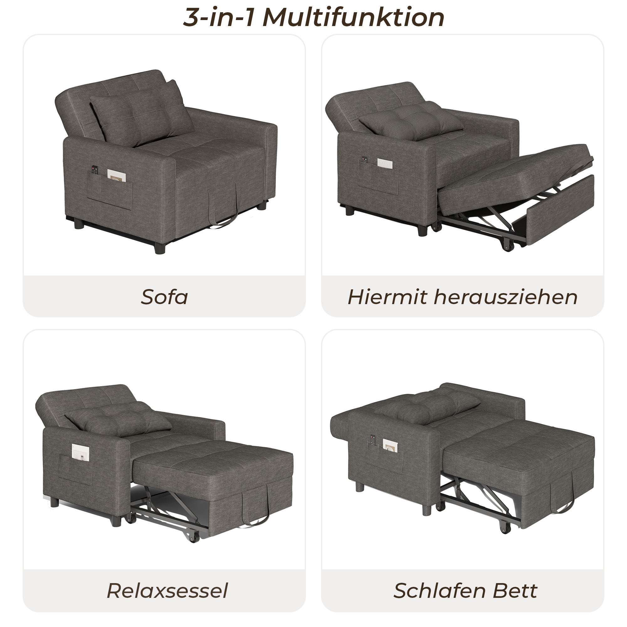 Canapé-lit extensible Bealife AR22 avec roulettes et oreillers - 191×68×44 cm, canapé convertible 3-en-1