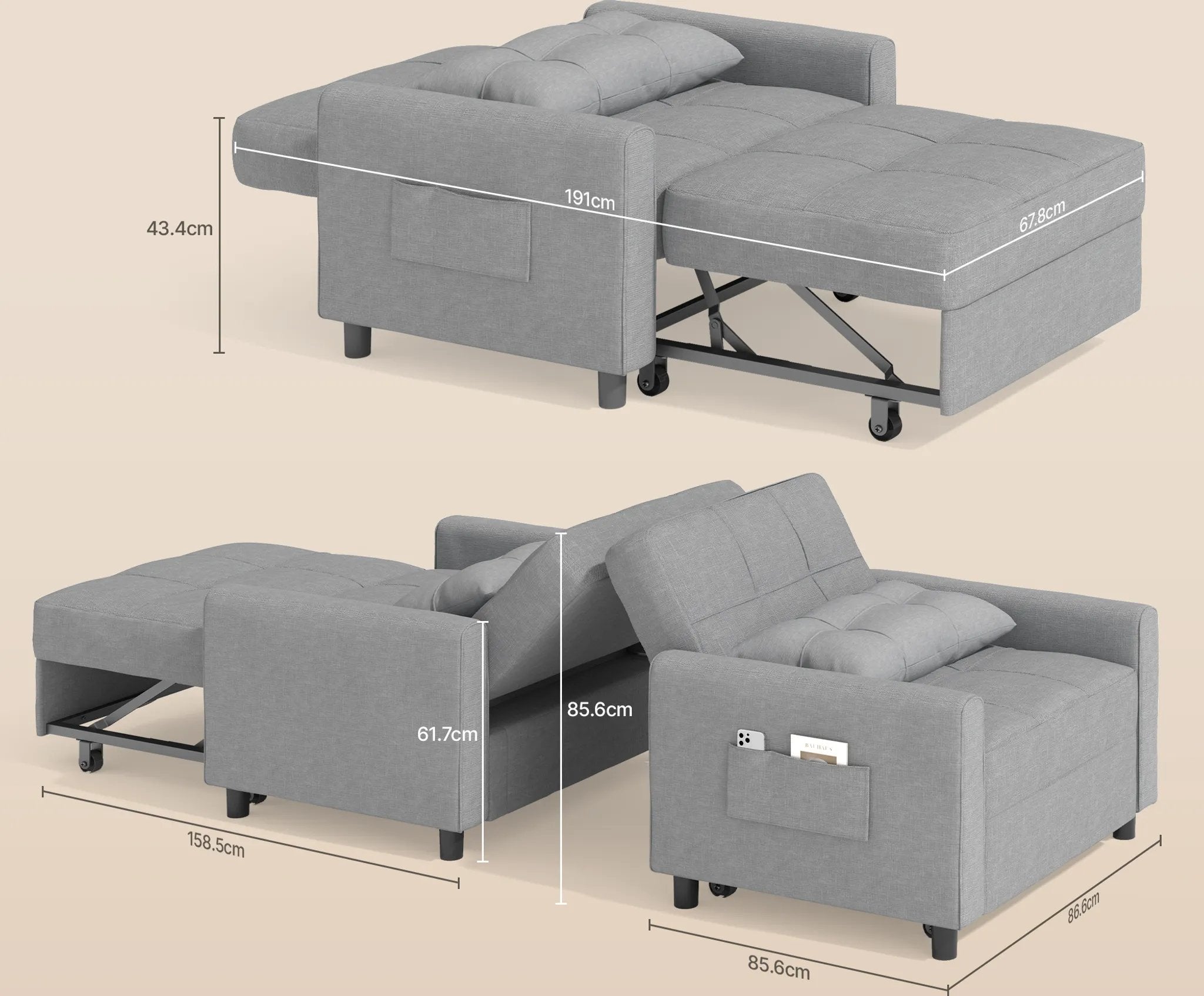 Canapé-lit extensible Bealife AR22 avec roulettes et oreillers - 191×68×44 cm, canapé convertible 3-en-1
