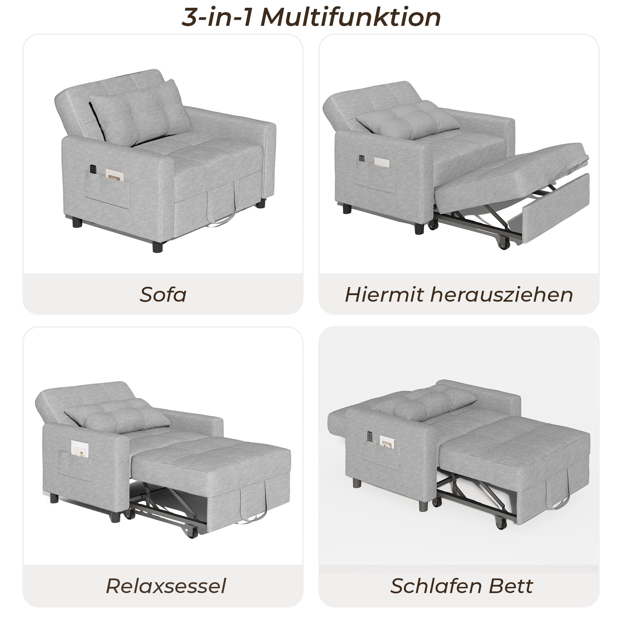 Canapé-lit extensible Bealife AR22 avec roulettes et oreillers - 191×68×44 cm, canapé convertible 3-en-1
