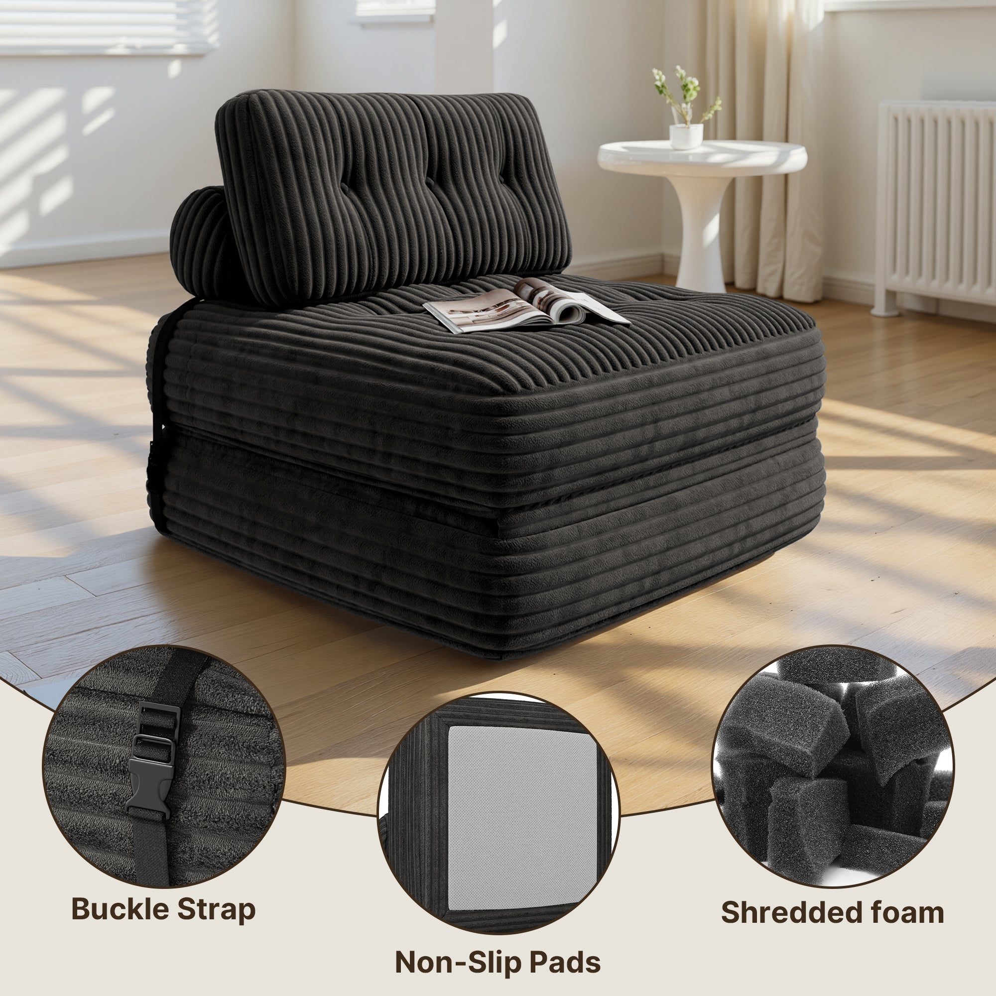 Bealife AR32 Pouf 3 en 1 pliable, canapé futon modulaire, utilisable comme pouf et lit polyvalent pour les petits espaces