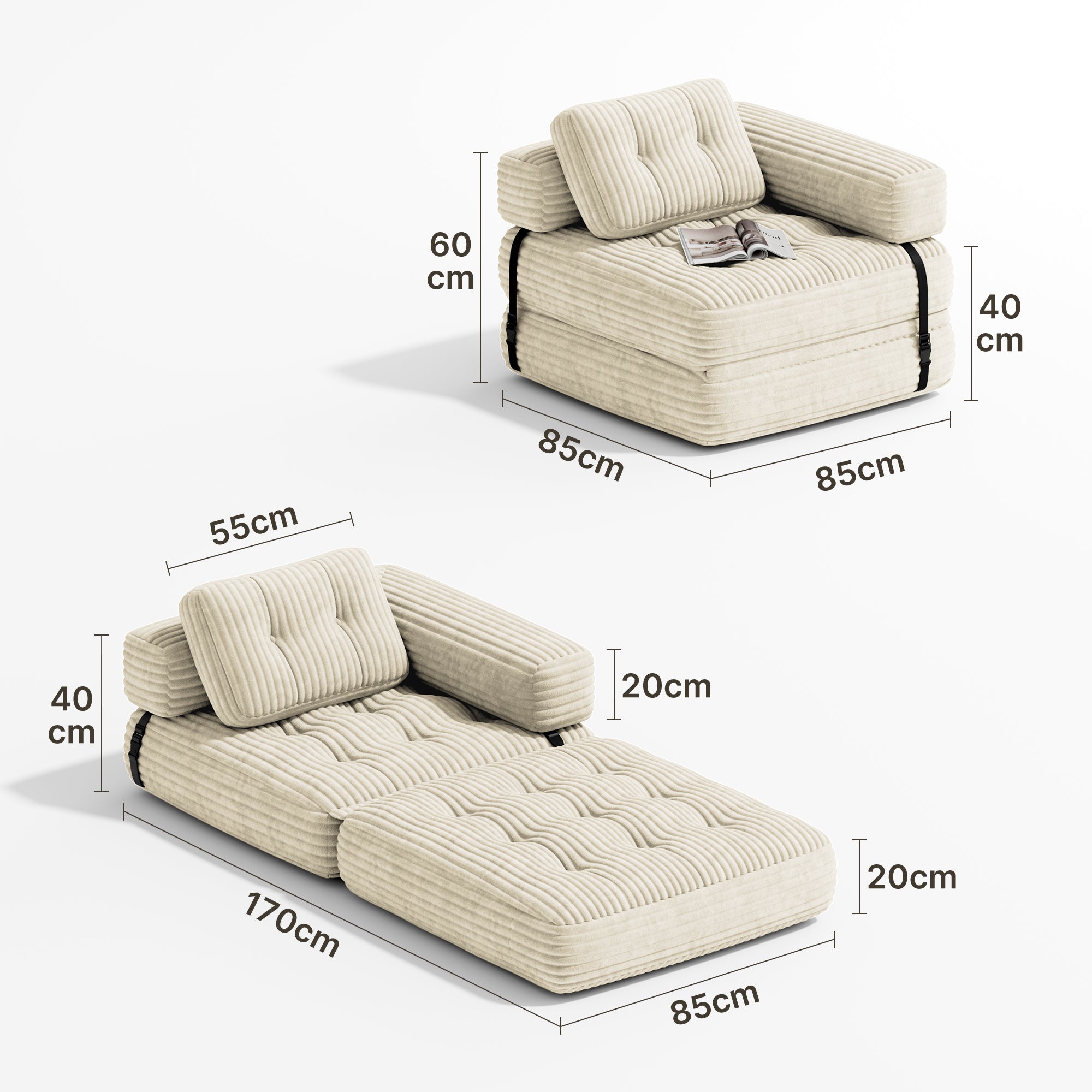 Bealife AR34 canapé pliable 3 en 1, pouf et lit d'appoint. Polyvalent, confortable et peu encombrant – parfait comme canapé-lit pliable pour les petits espaces, les salons et les chambres d'amis.