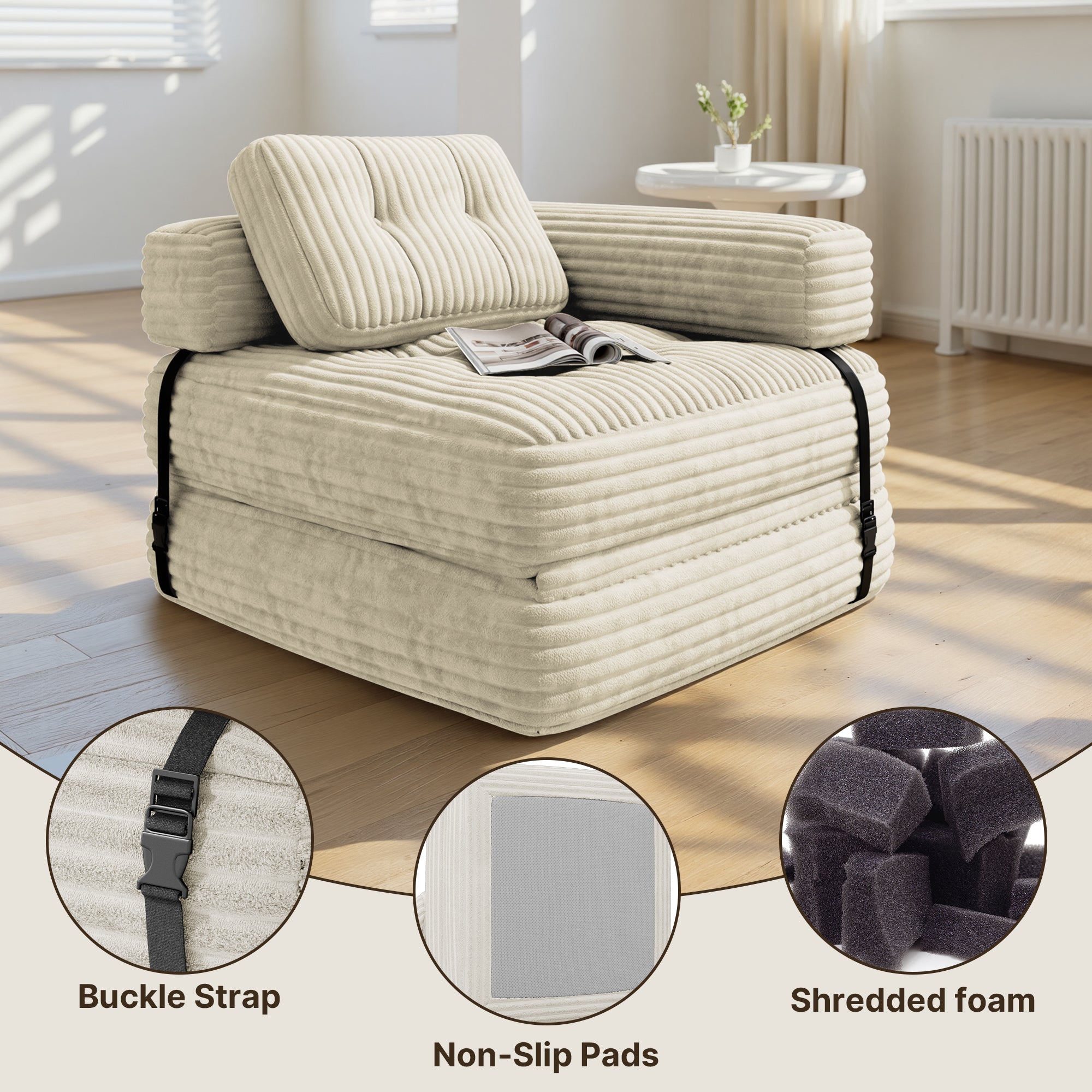 Bealife AR34 canapé pliable 3 en 1, pouf et lit d'appoint. Polyvalent, confortable et peu encombrant – parfait comme canapé-lit pliable pour les petits espaces, les salons et les chambres d'amis.