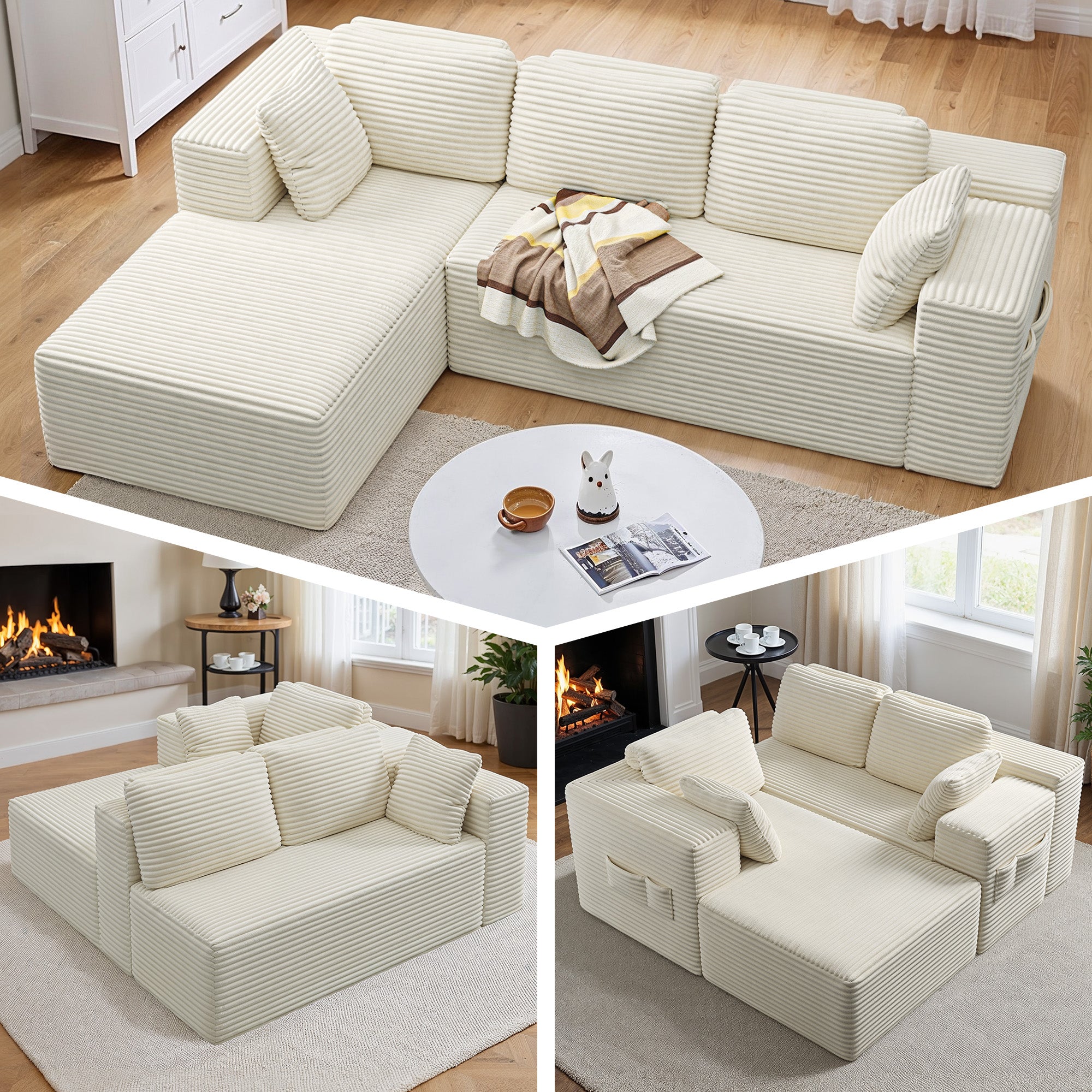 Bealife AR35 Canapé d'angle avec méridienne, Canapé modulaire en velours côtelé 4 places pour salon