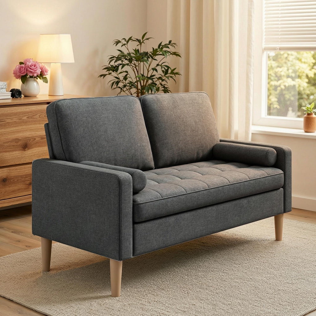 Bealife AR38 Canapé 2 places avec 2 coussins cylindriques rembourrés, Petit canapé en lin et coton pour salon, bureau et chambre à coucher
