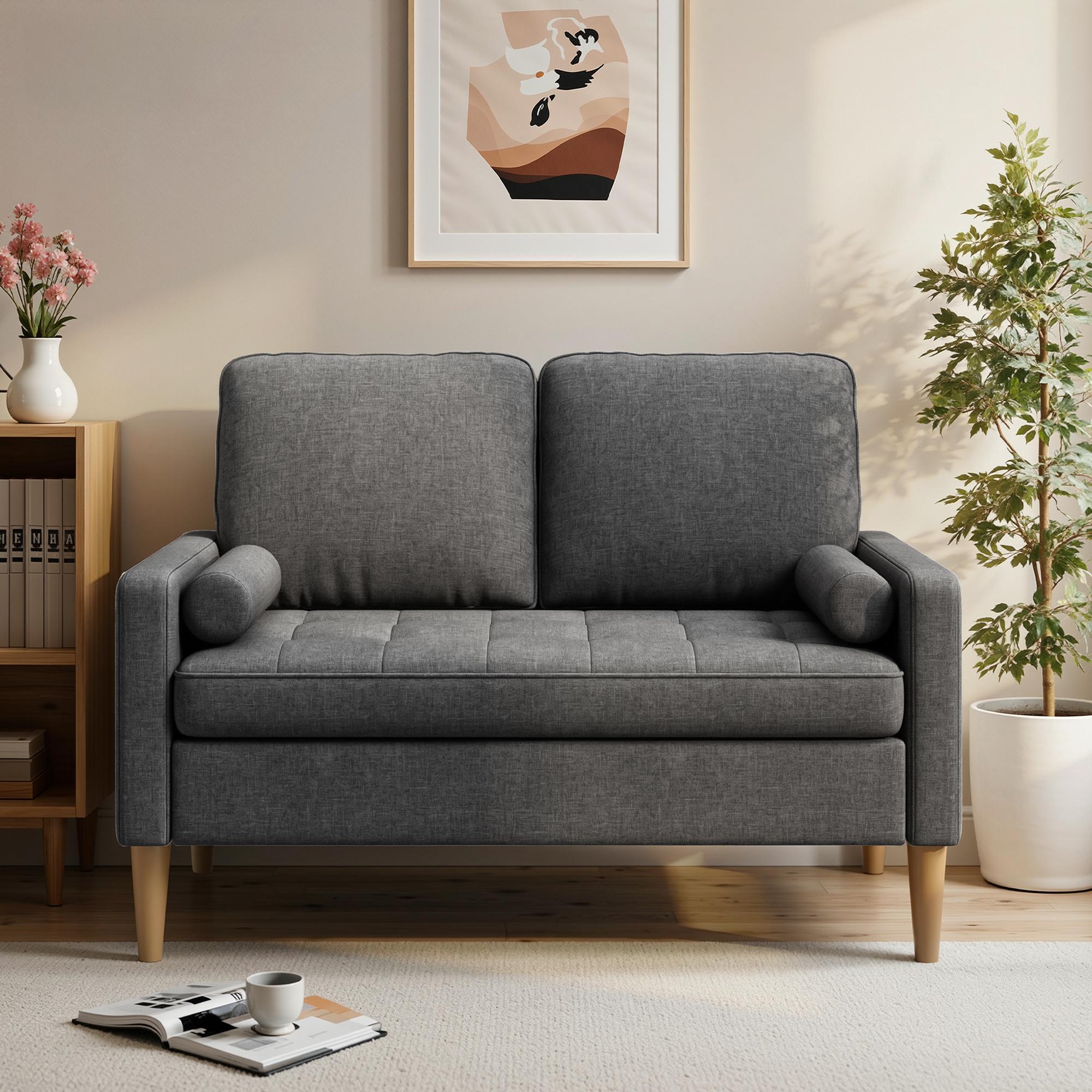 Bealife AR38 Canapé 2 places avec 2 coussins cylindriques rembourrés, Petit canapé en lin et coton pour salon, bureau et chambre à coucher
