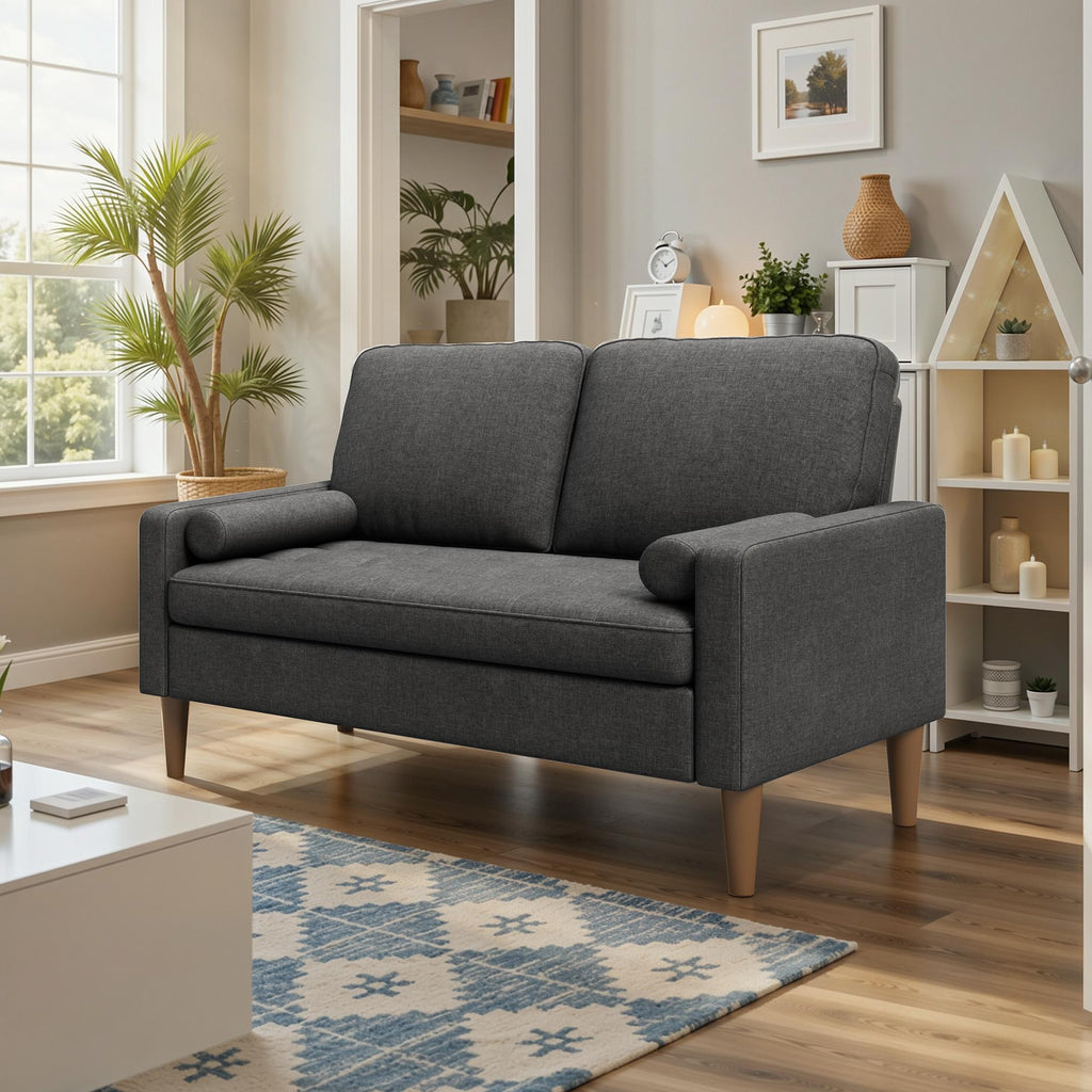 Bealife AR38 Canapé 2 places avec 2 coussins cylindriques rembourrés, Petit canapé en lin et coton pour salon, bureau et chambre à coucher