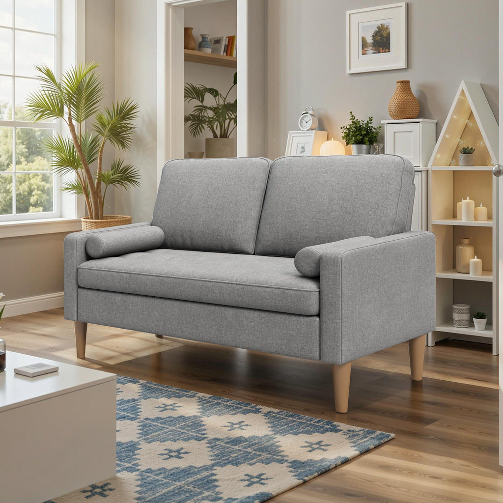 Bealife AR38 Canapé 2 places avec 2 coussins cylindriques rembourrés, Petit canapé en lin et coton pour salon, bureau et chambre à coucher