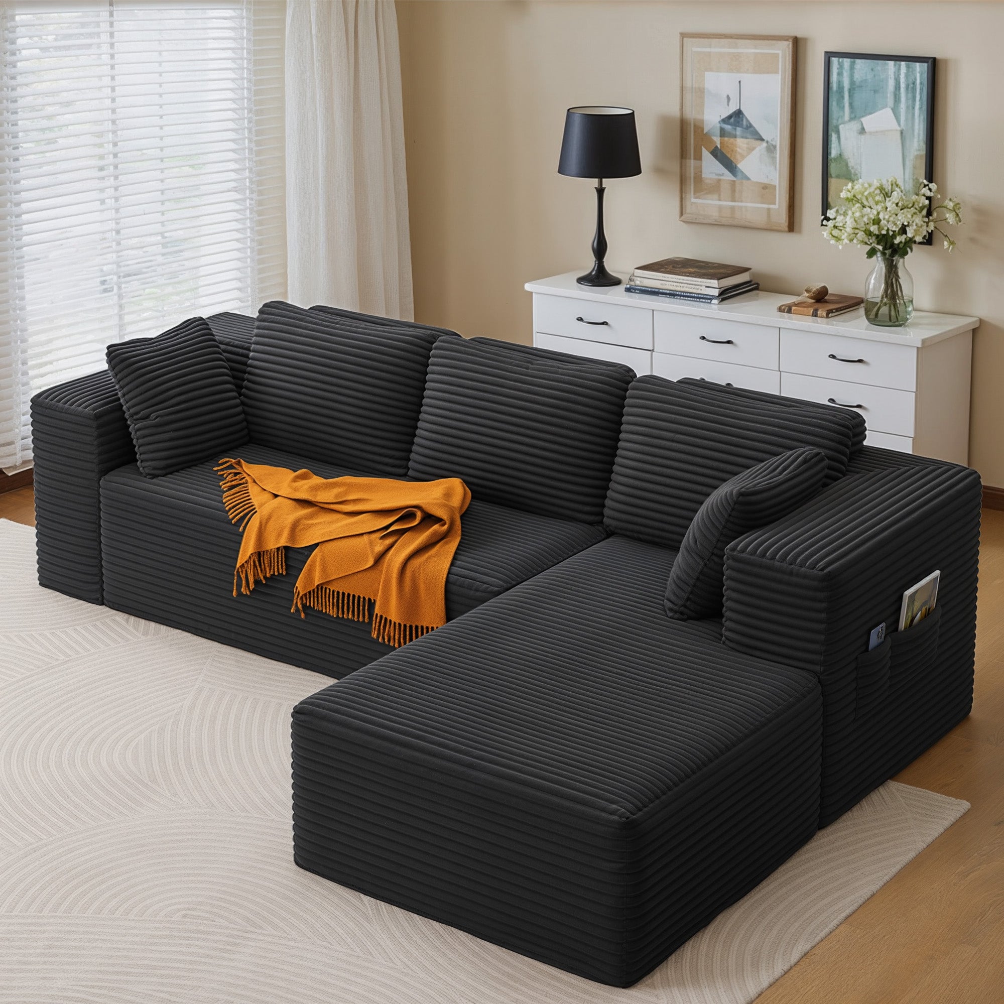 Bealife AR43 Canapé d'angle avec méridienne à droite 160×90cm, Canapé modulable 4 places en velours côtelé