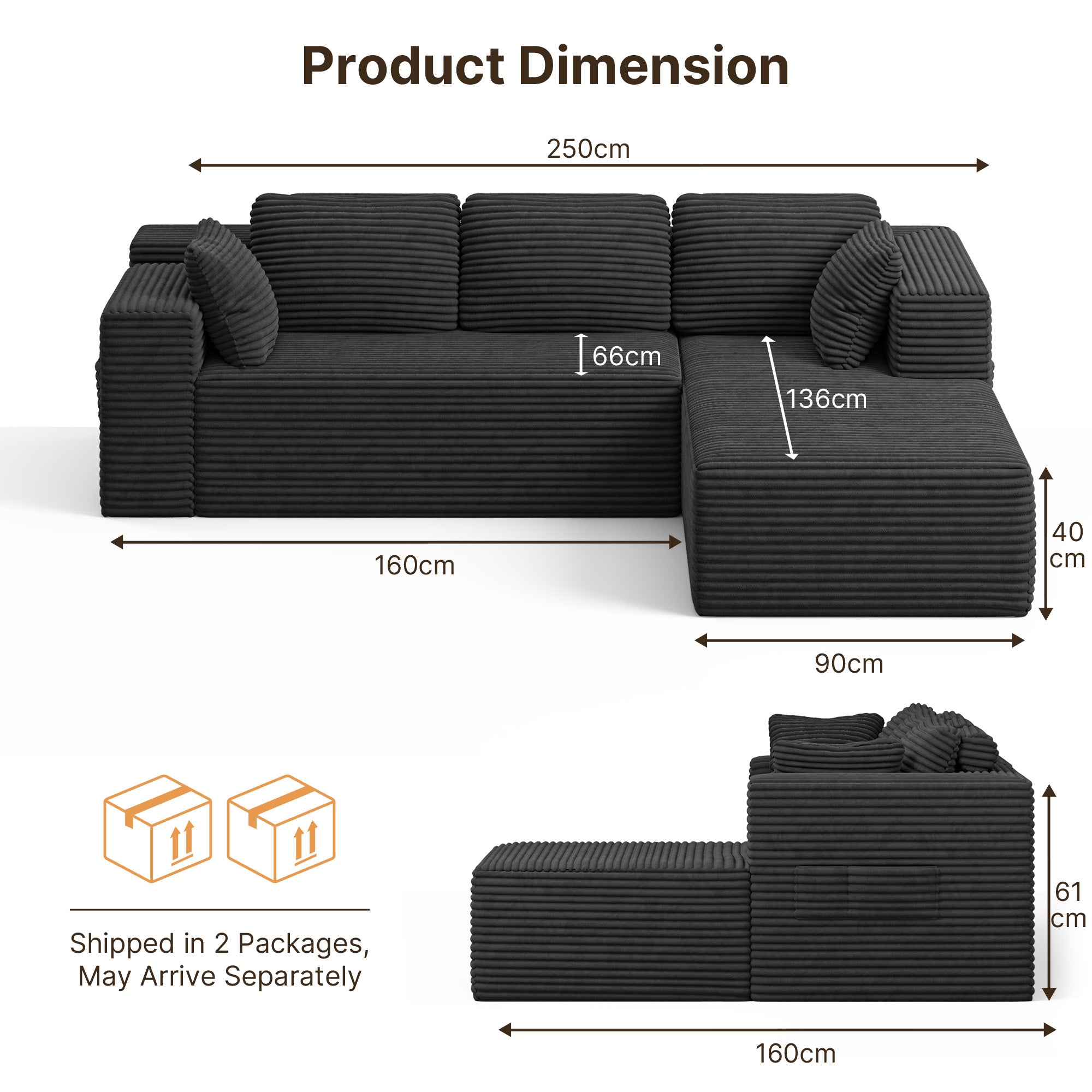 Bealife AR43 Canapé d'angle avec méridienne à droite 160×90cm, Canapé modulable 4 places en velours côtelé