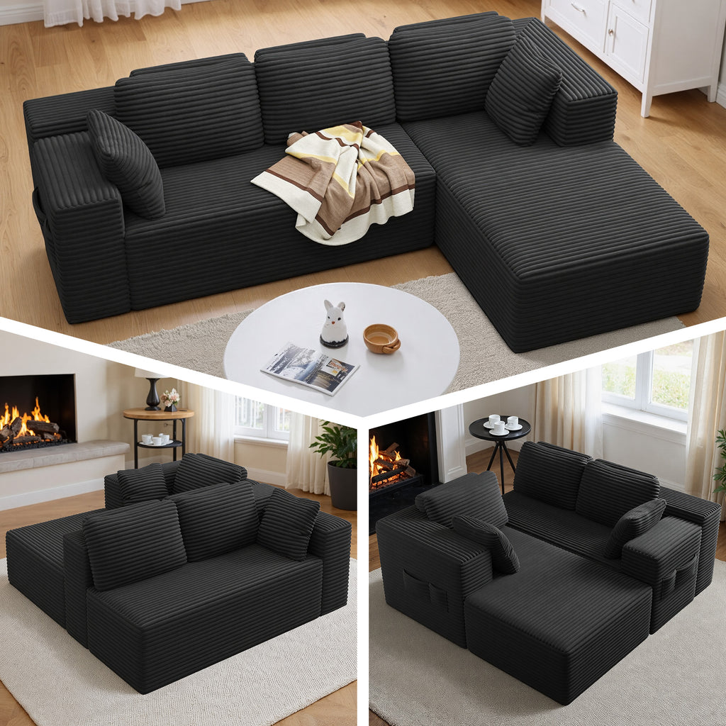 Bealife AR43 Canapé d'angle avec méridienne à droite 160×90cm, Canapé modulable 4 places en velours côtelé