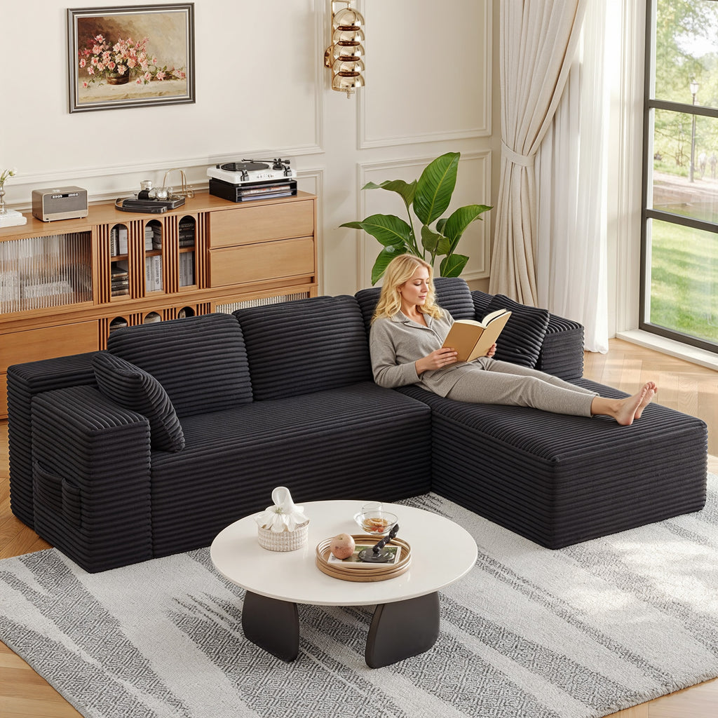 Bealife AR43 Canapé d'angle avec méridienne à droite 160×90cm, Canapé modulable 4 places en velours côtelé
