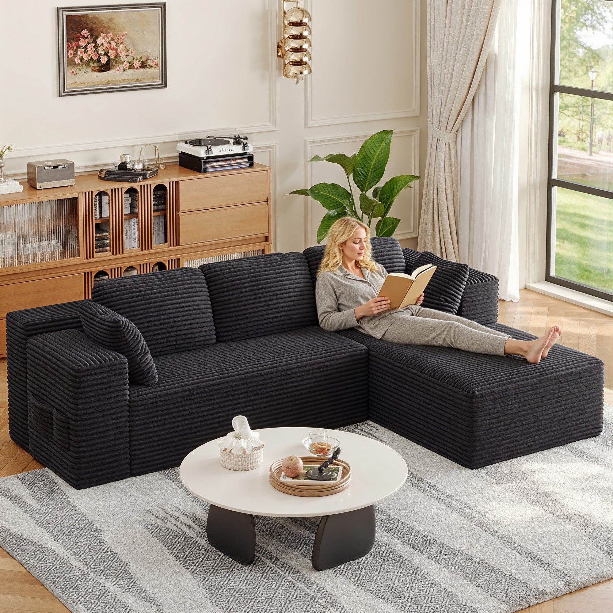 Bealife AR43 Canapé d'angle avec méridienne à droite 160×90cm, Canapé modulable 4 places en velours côtelé