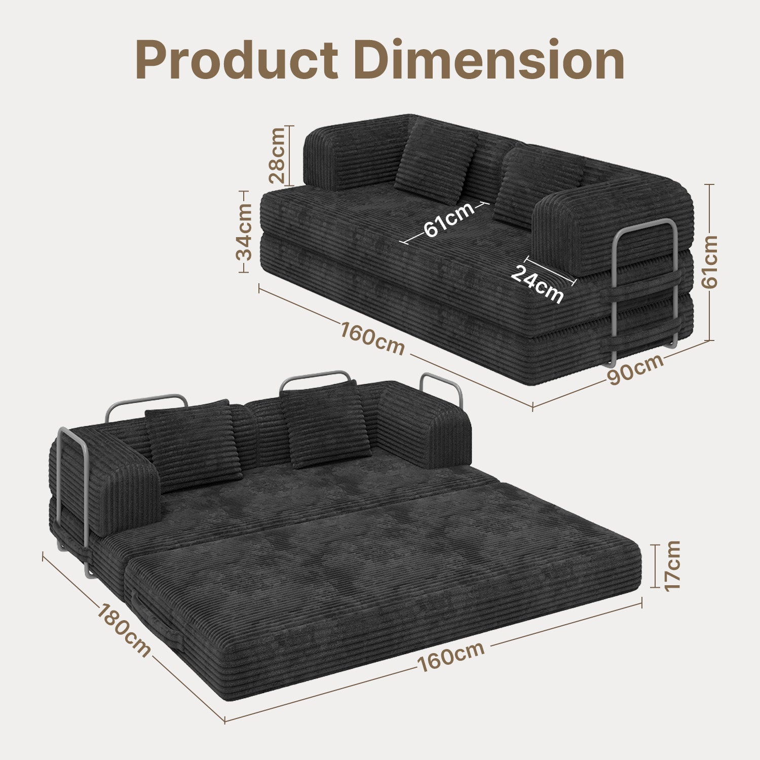 Canapé-lit Bealife AR62 avec fonction couchage 160 cm de large, canapé convertible 2 places en velours côtelé pour salon et chambre