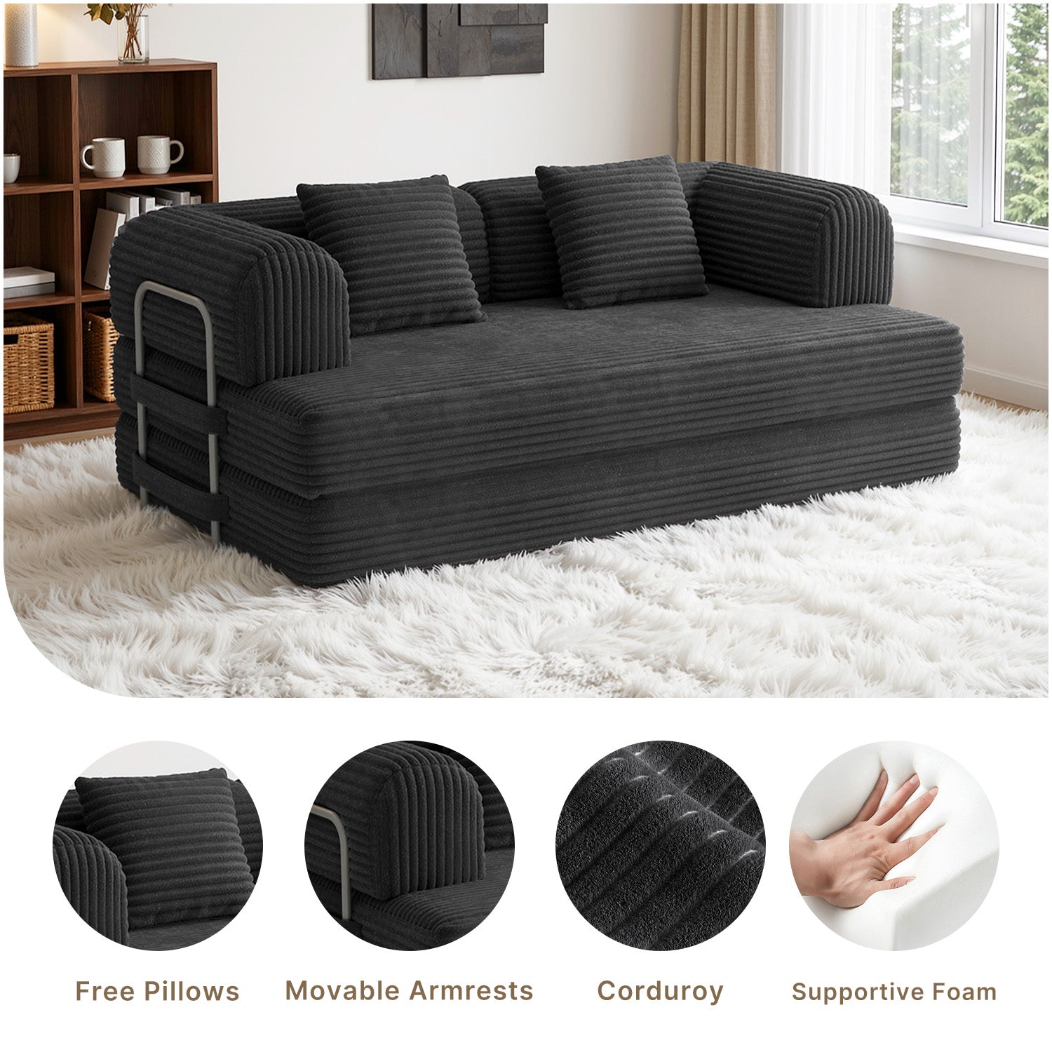 Canapé-lit Bealife AR62 avec fonction couchage 160 cm de large, canapé convertible 2 places en velours côtelé pour salon et chambre