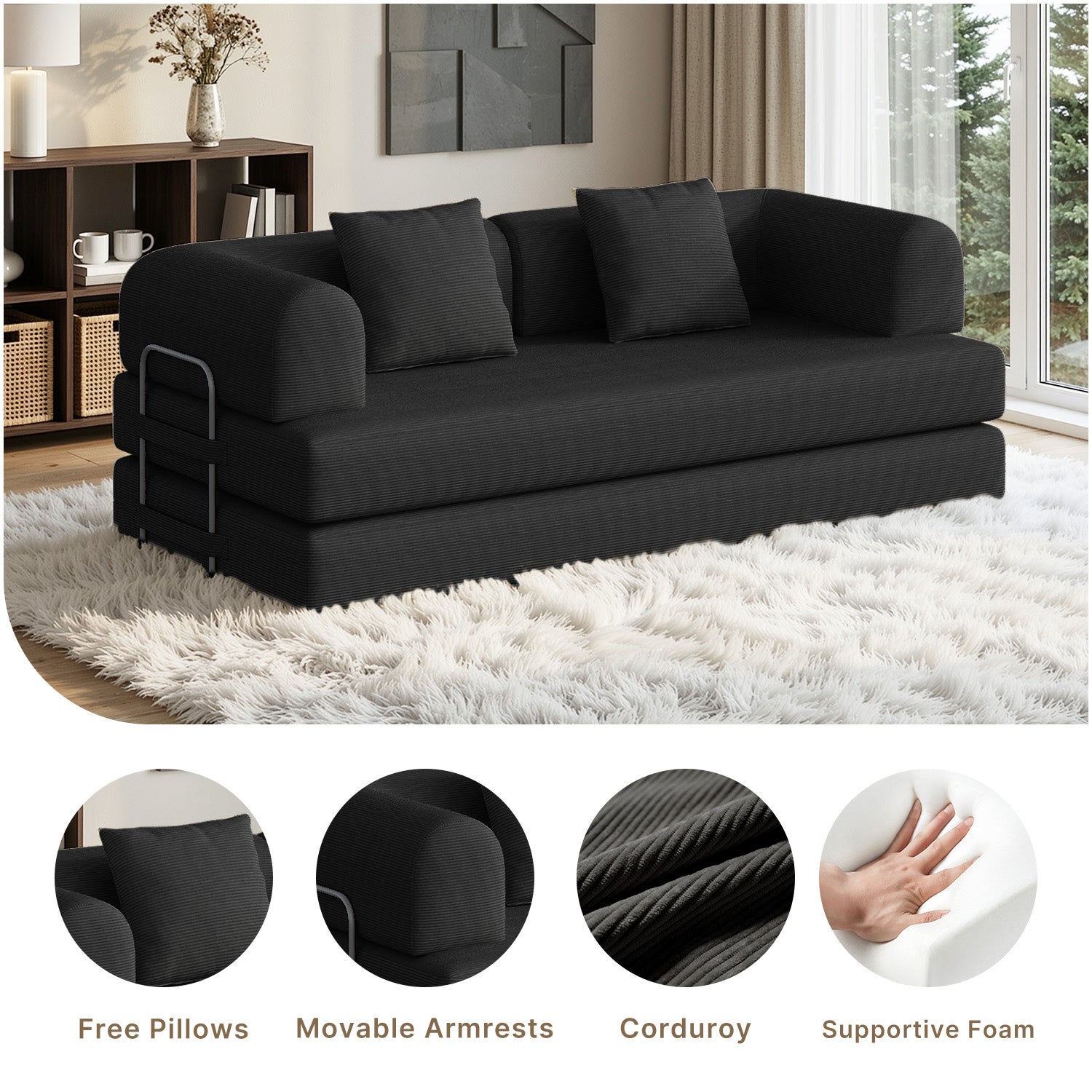 Bealife AR62 Canapé convertible avec fonction couchage 200 cm de large, canapé 3 places en velours côtelé pour salon