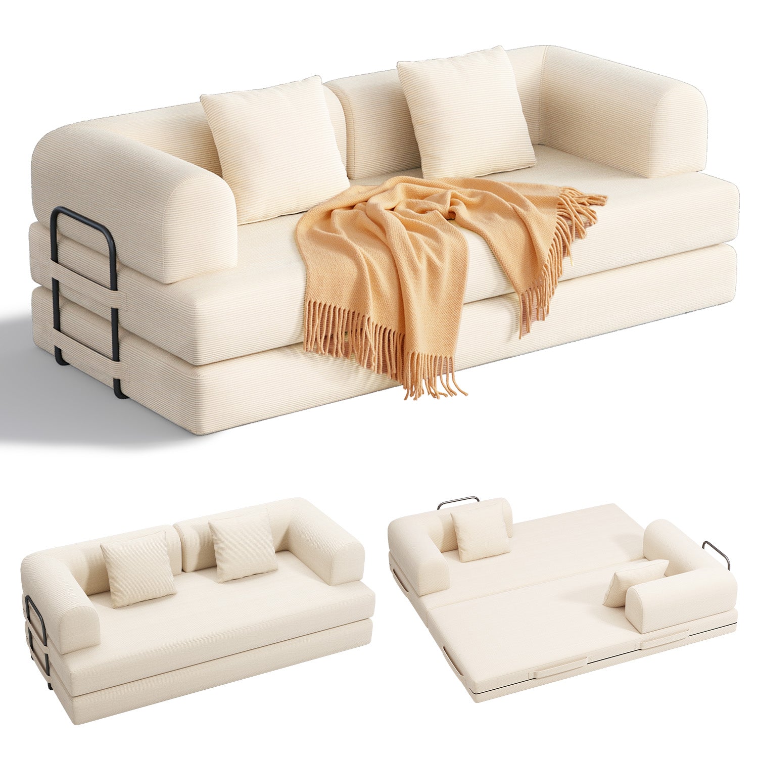 Bealife AR62 Canapé convertible avec fonction couchage 200 cm de large, canapé 3 places en velours côtelé pour salon