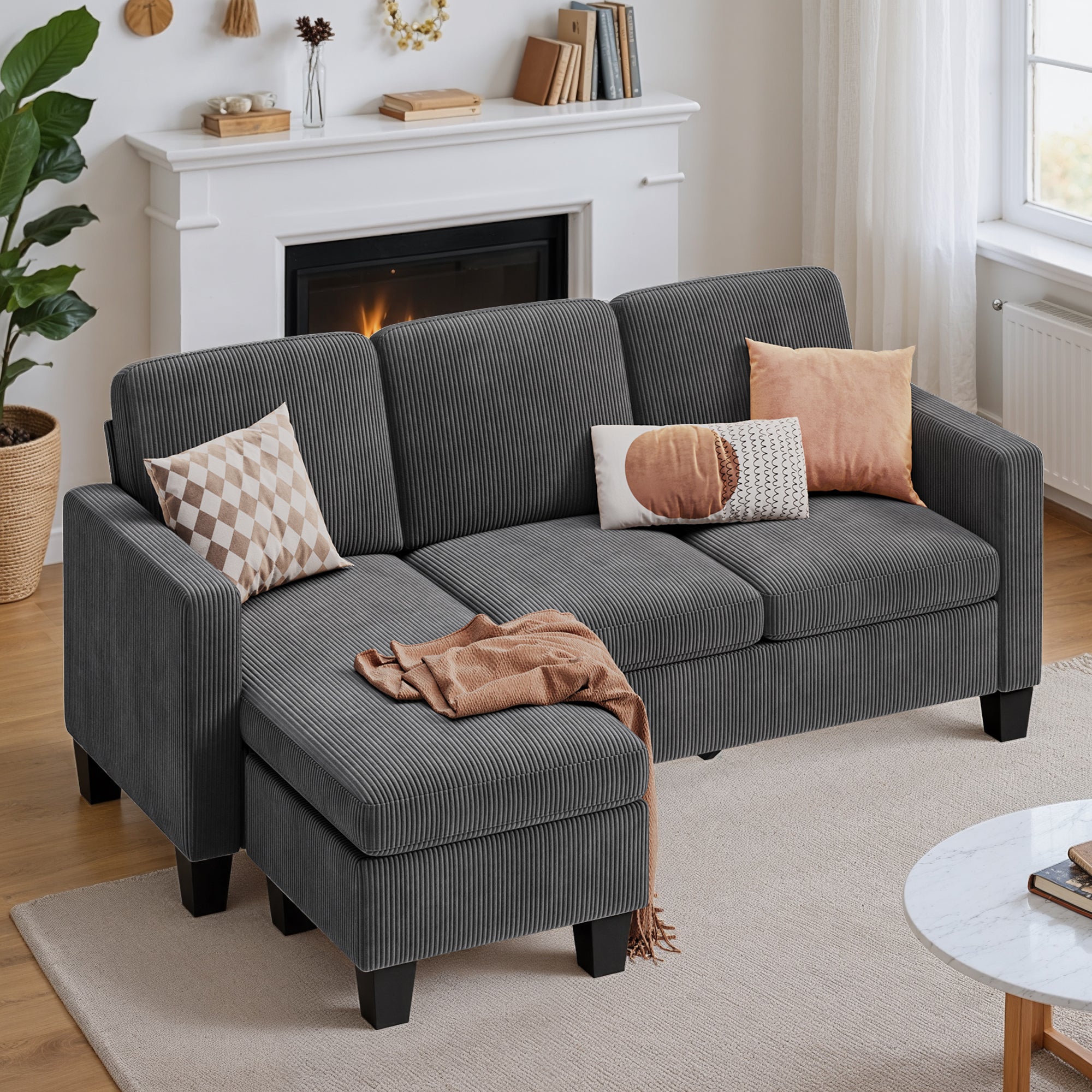Bealife AR93 Canapé d'angle avec méridienne, Canapés 4 places en velours côtelé en forme de L pour petits salons et espaces de vie ouverts