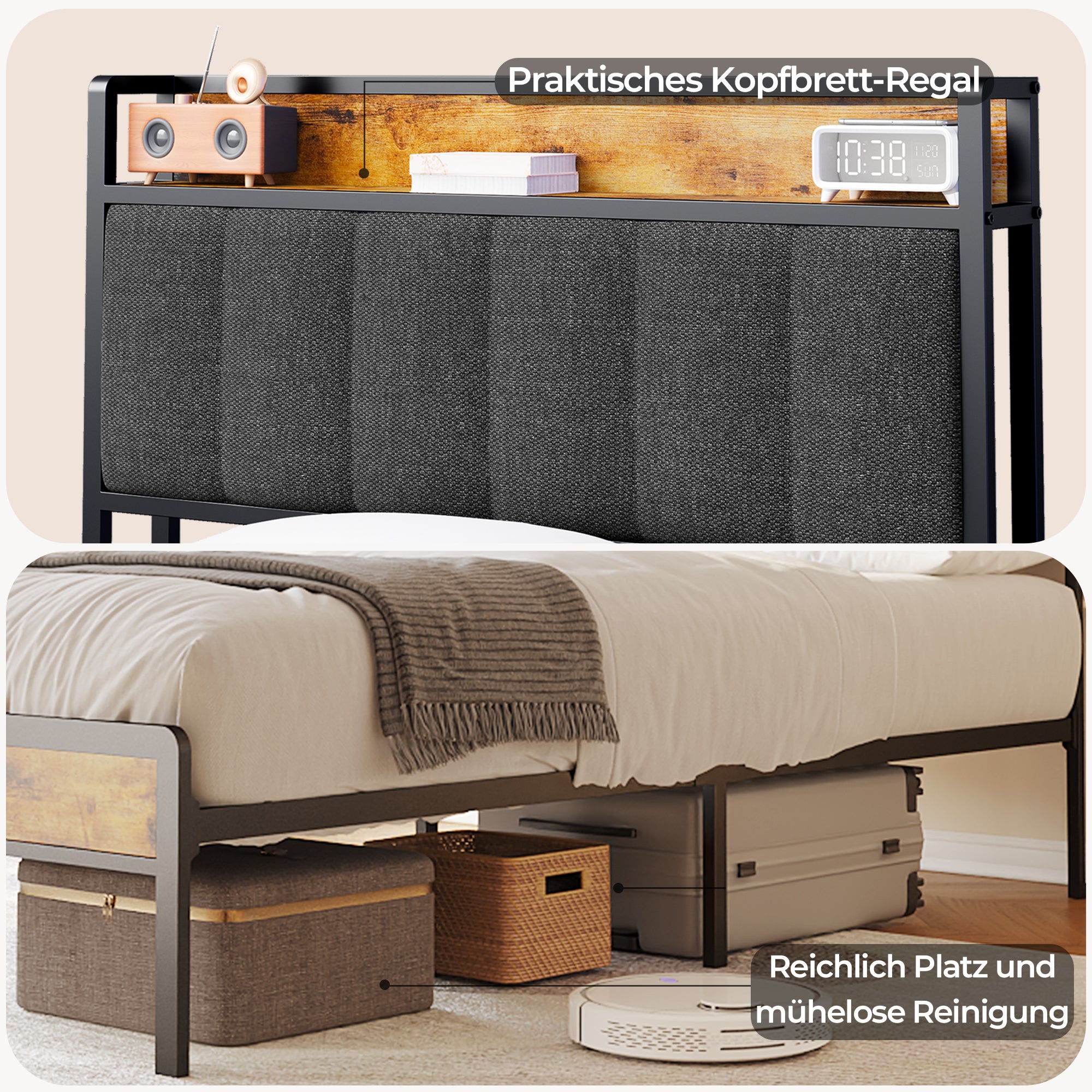 Bealife BF24 Lit Simple Étroit Cadre en Métal avec Rangement | 220x90x111 cm