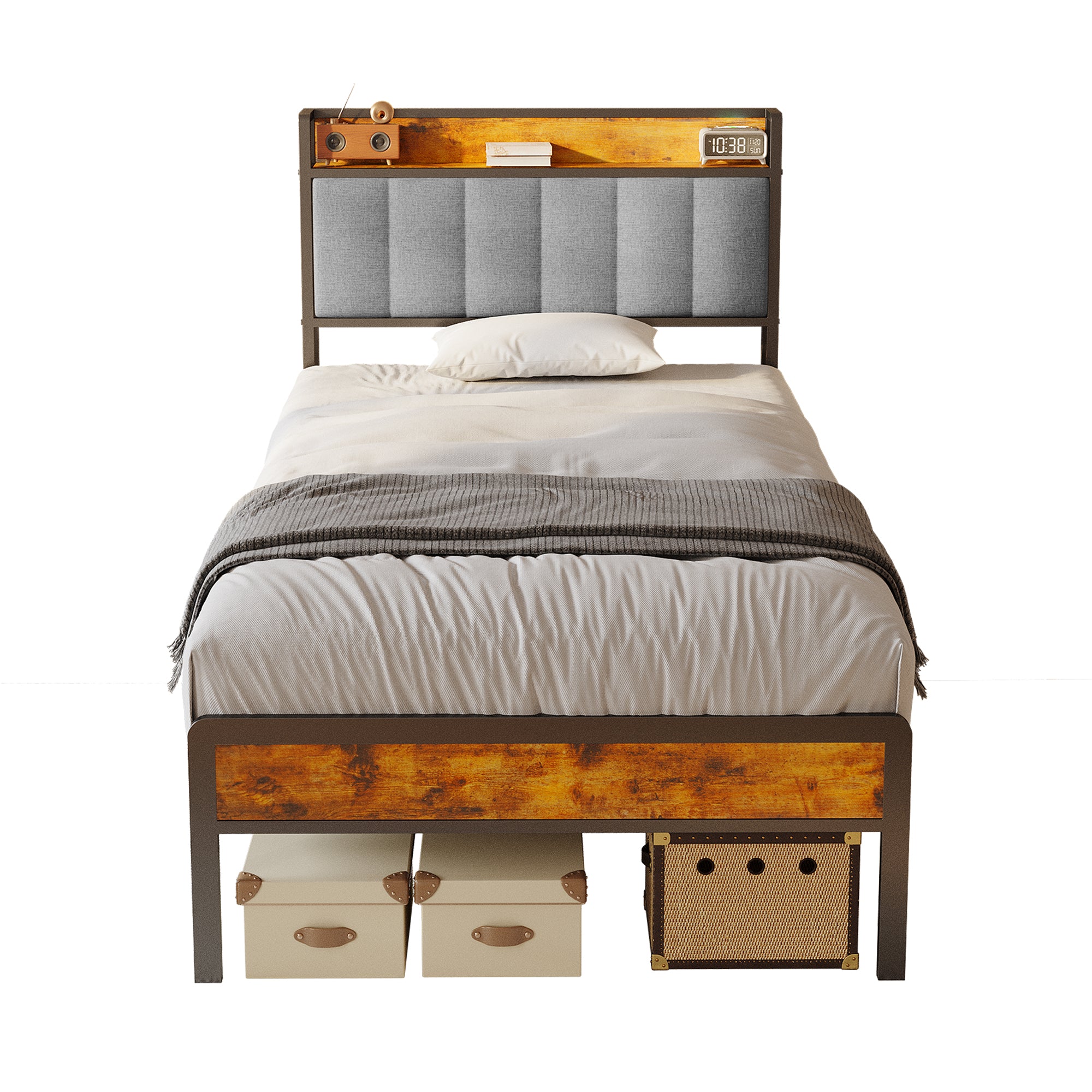 Bealife BF24 Lit Simple Étroit Cadre en Métal avec Rangement | 220x90x111 cm